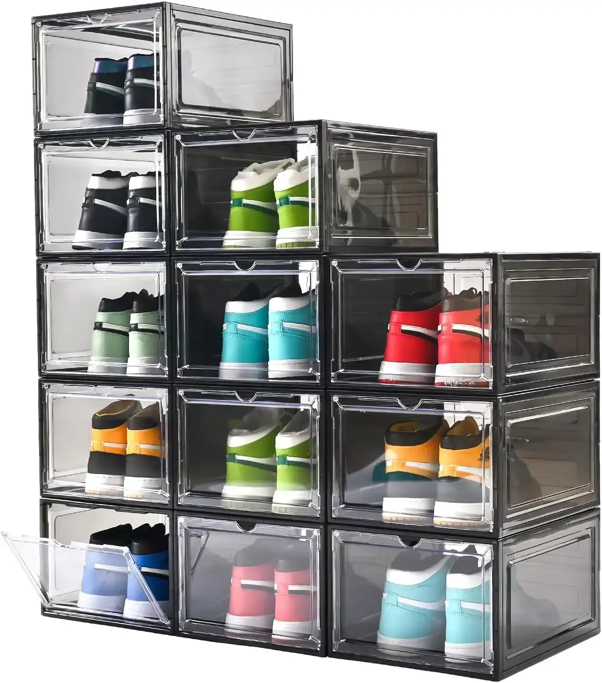 Large Clear Plastic Stackable Shoe Boxes Magnetic Doors - 12box