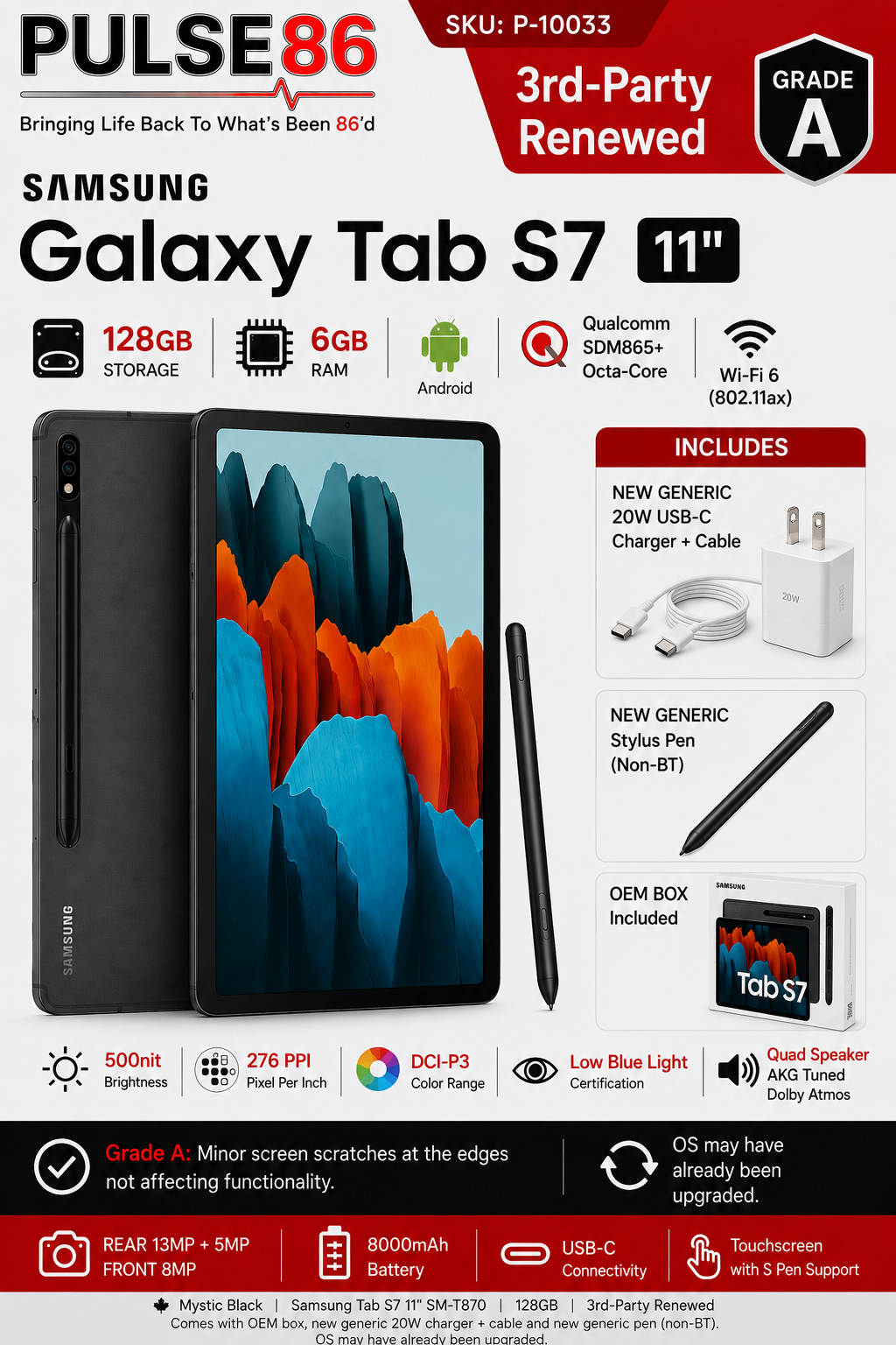 Samsung Galaxy Tab S7 11" 128GB Wi-Fi (SM-T870) Grade A Renewed