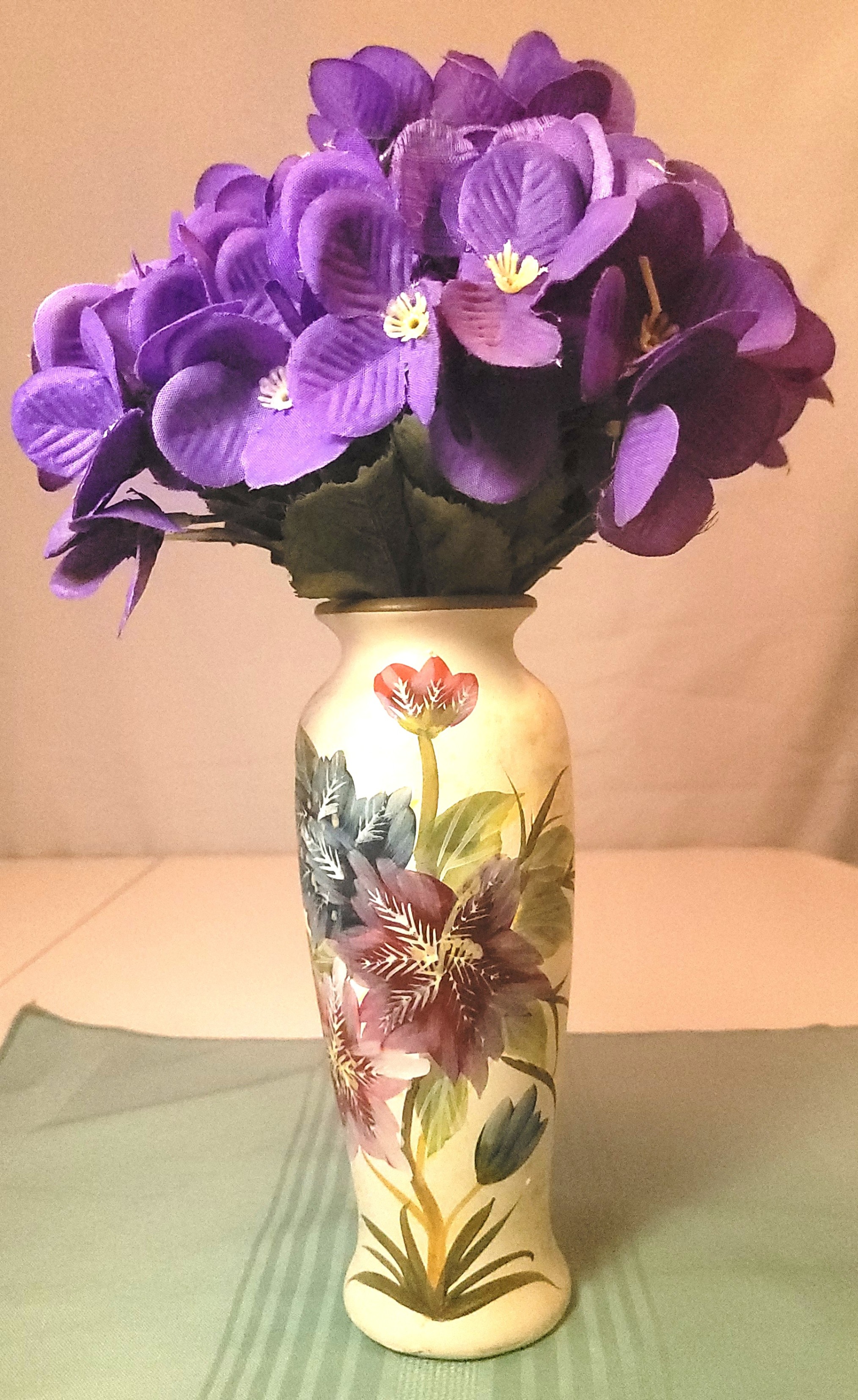 1970 Hand Painted Japanese Ceramic Vase Faux Purple Hydrangeas