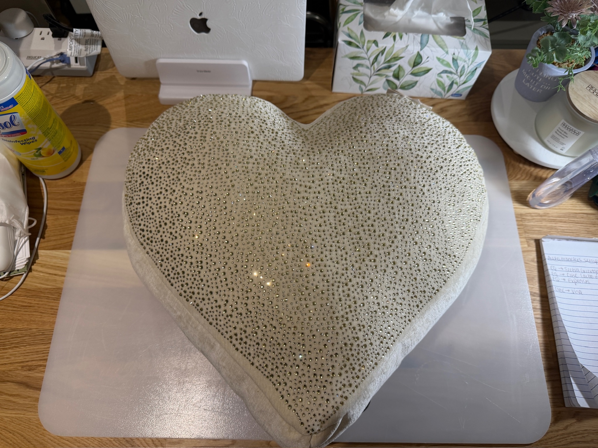 New 16” Rhinestone Bejeweled Velvet Heart Pillow – Cream & Gold