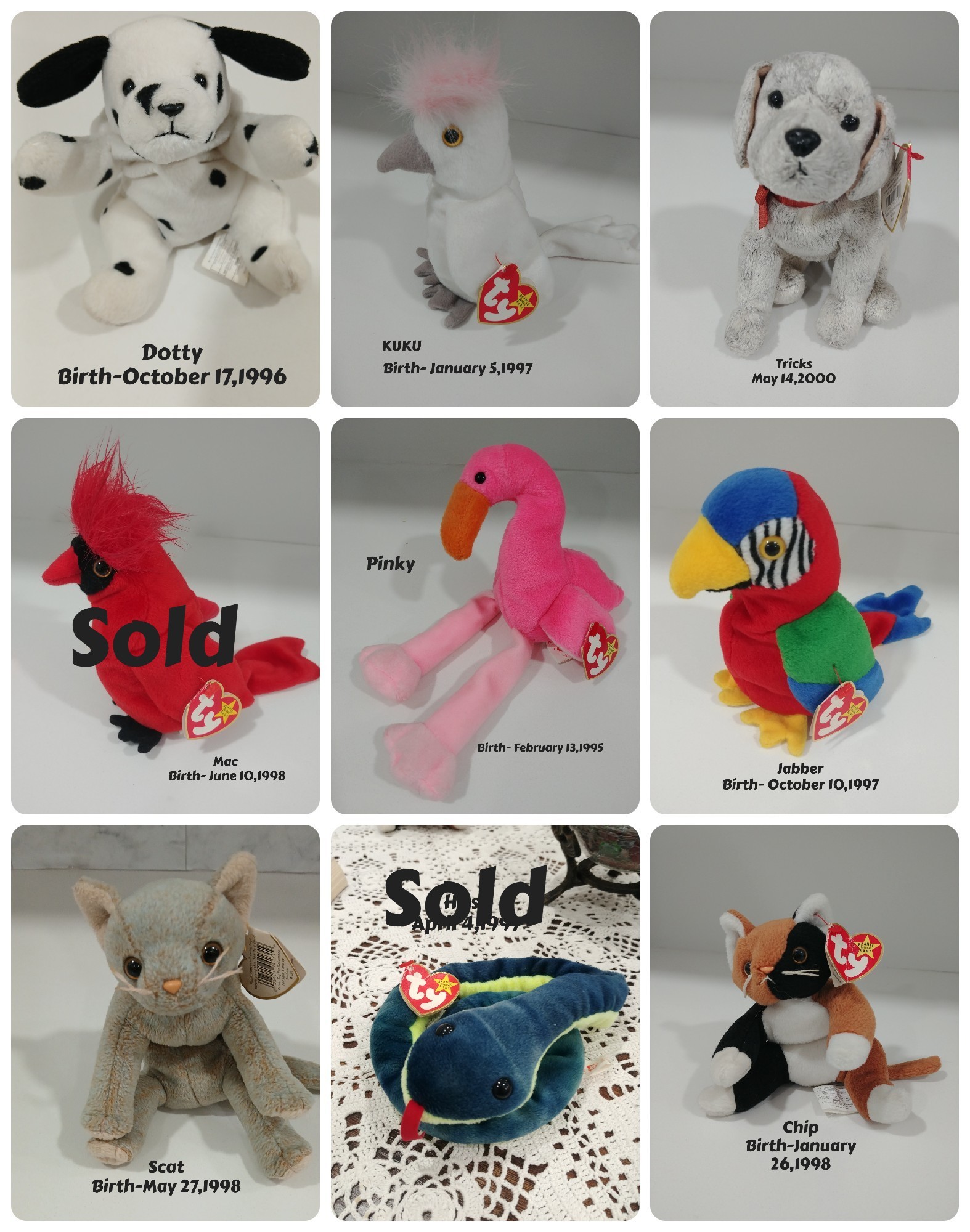 Individual Ty Beanie Babies With Birth Tags, $10 each Like New