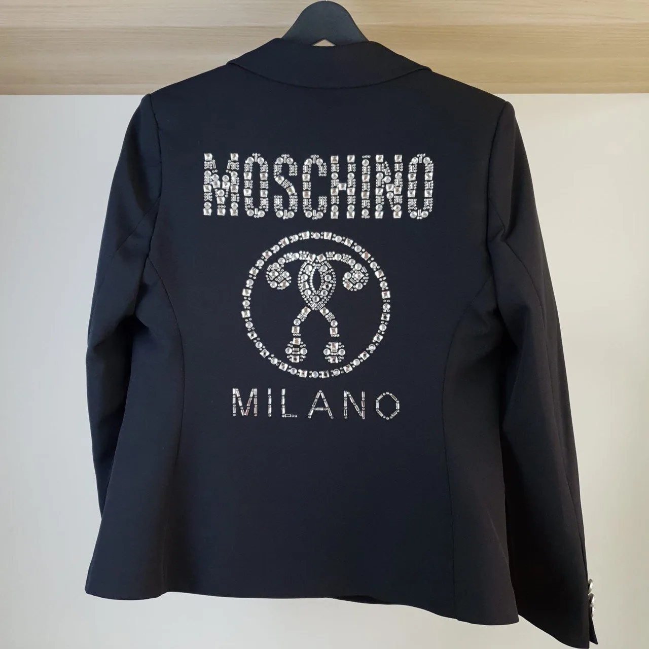 Moschino Black Blazer Clear Crystal Rhinestone Logo Size L