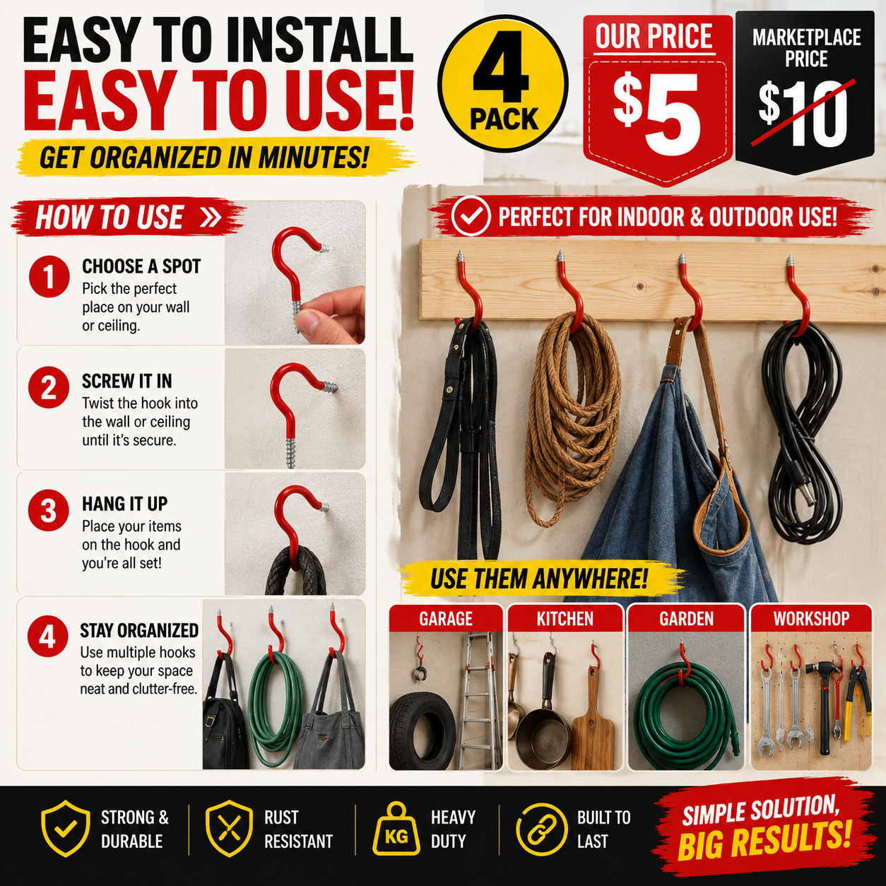 **Heavy Duty Storage Hooks 4-Pack | Tools, Coats & More | - photo 2