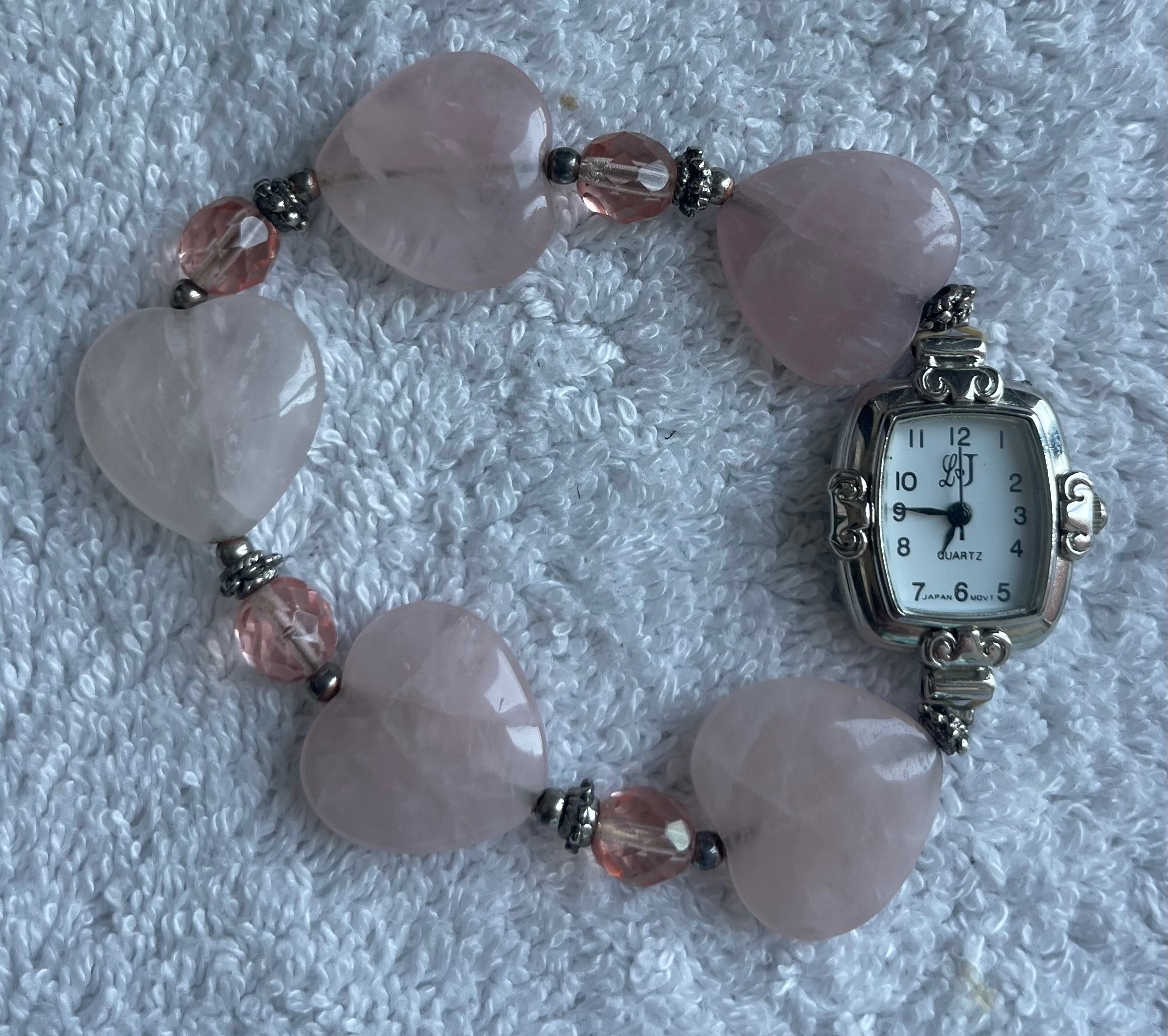 Vintage L&J Rose Quartz Heart Beaded Watch (Needs Battery)