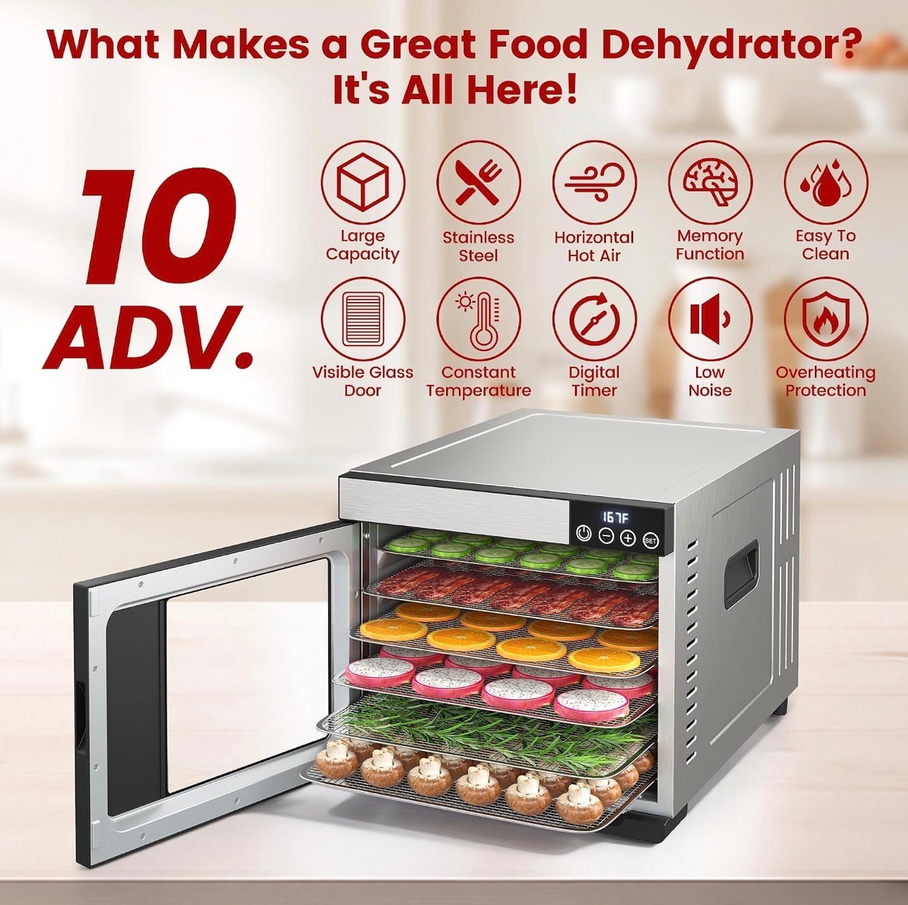 Food Dehydrator Machine 700W Stainless Steel Trays Digital Timer - photo 3