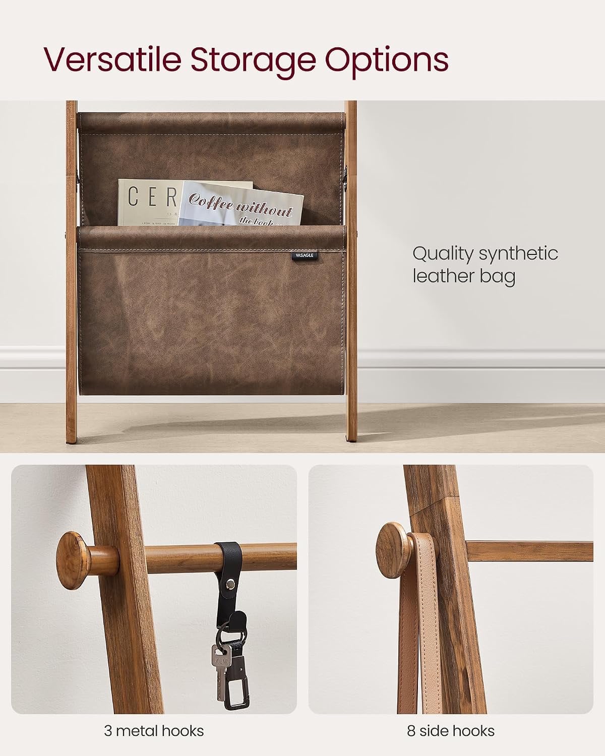 5 Level Wooden Blanket Ladder, Leather Basket - photo 3