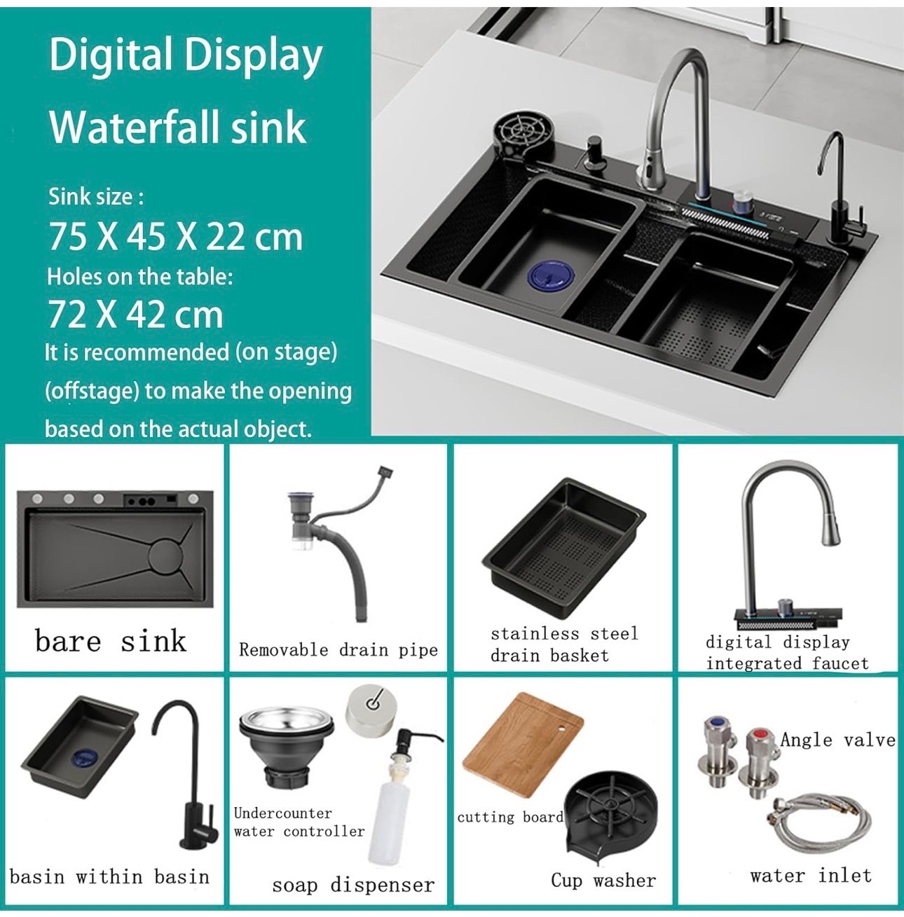Smart Waterfall Kitchen Sink 75x45x22 Stainless Steel 16 Gauge - photo 2