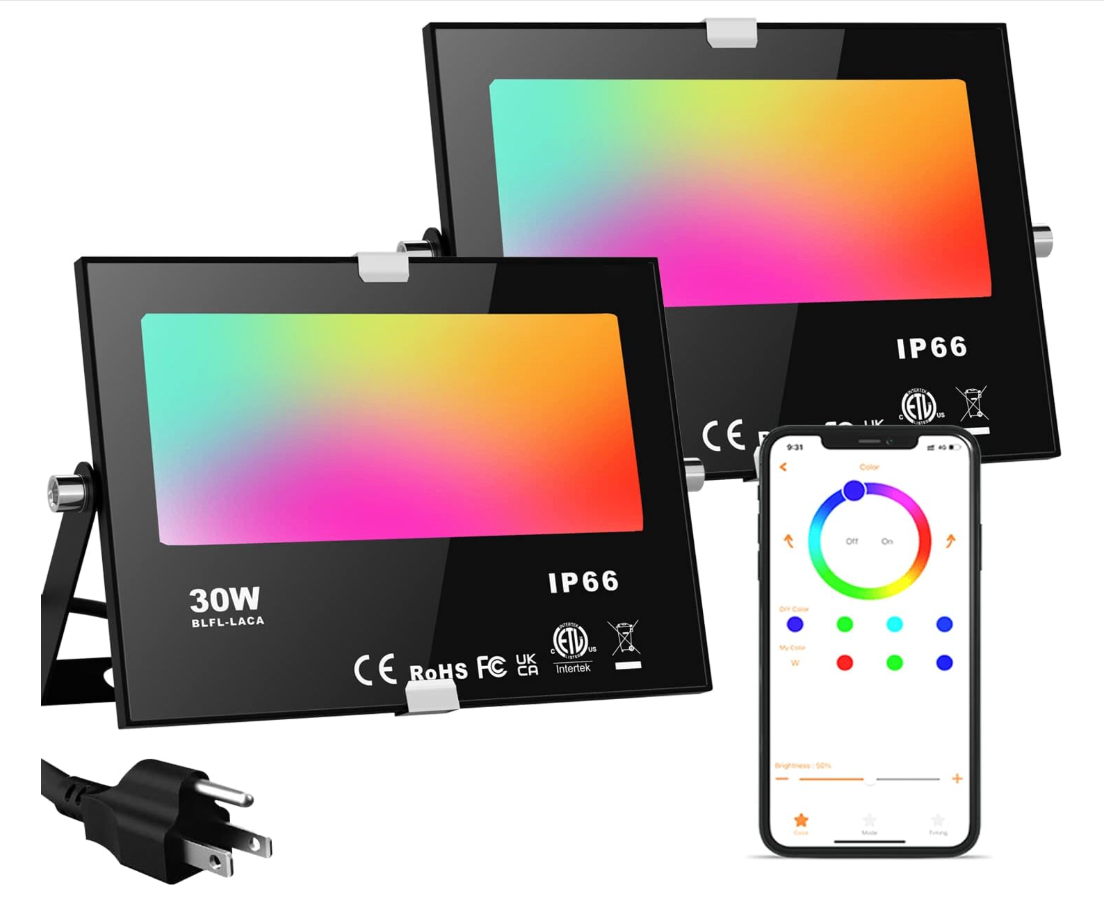BRAND NEW IN BOX: 2-Pack 30W RGBW Smart Outdoor LED Flood Lights