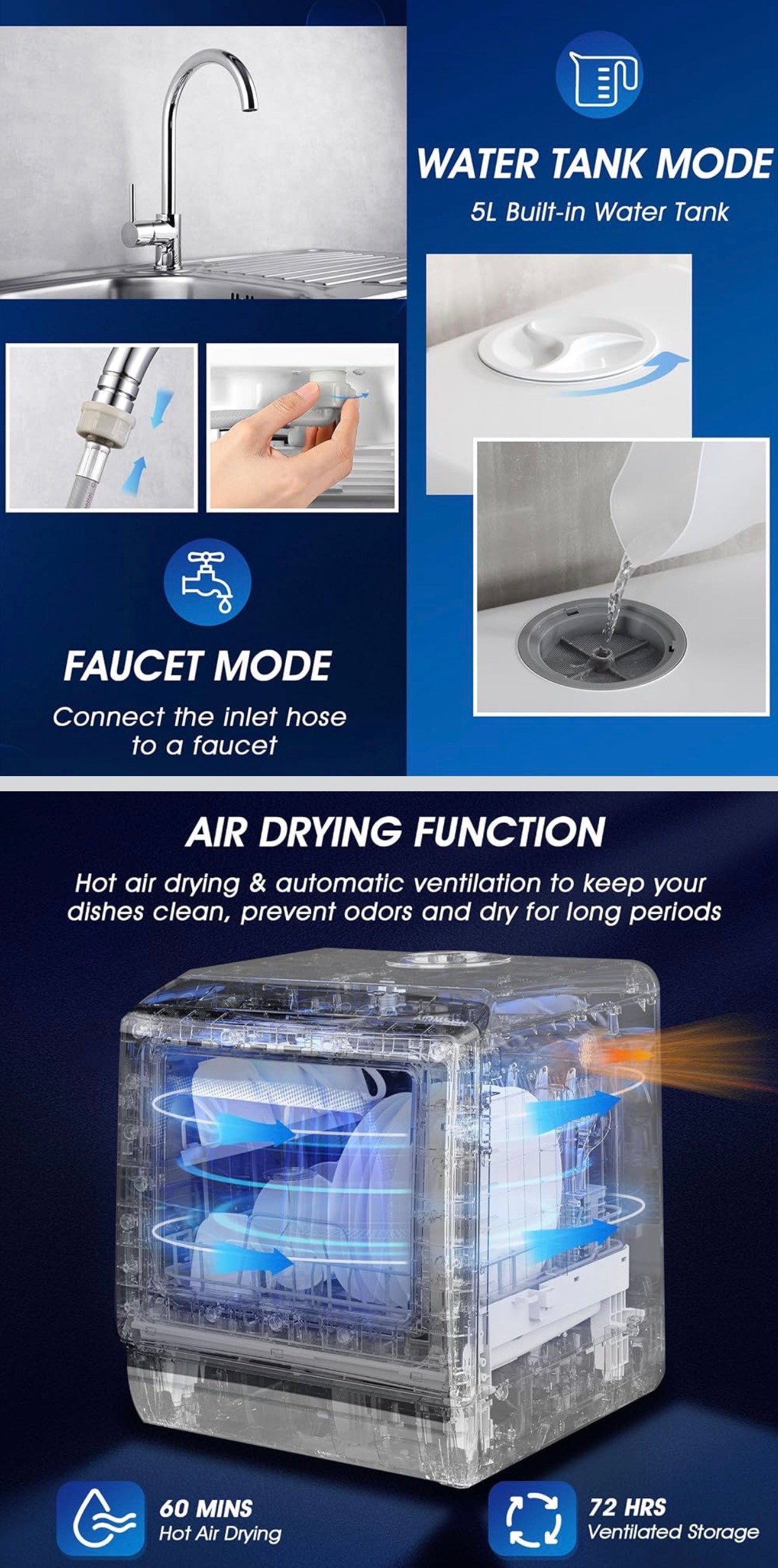AIRMSEN Portable Countertop Dishwasher 6 Programs 75% Water Savi - photo 3