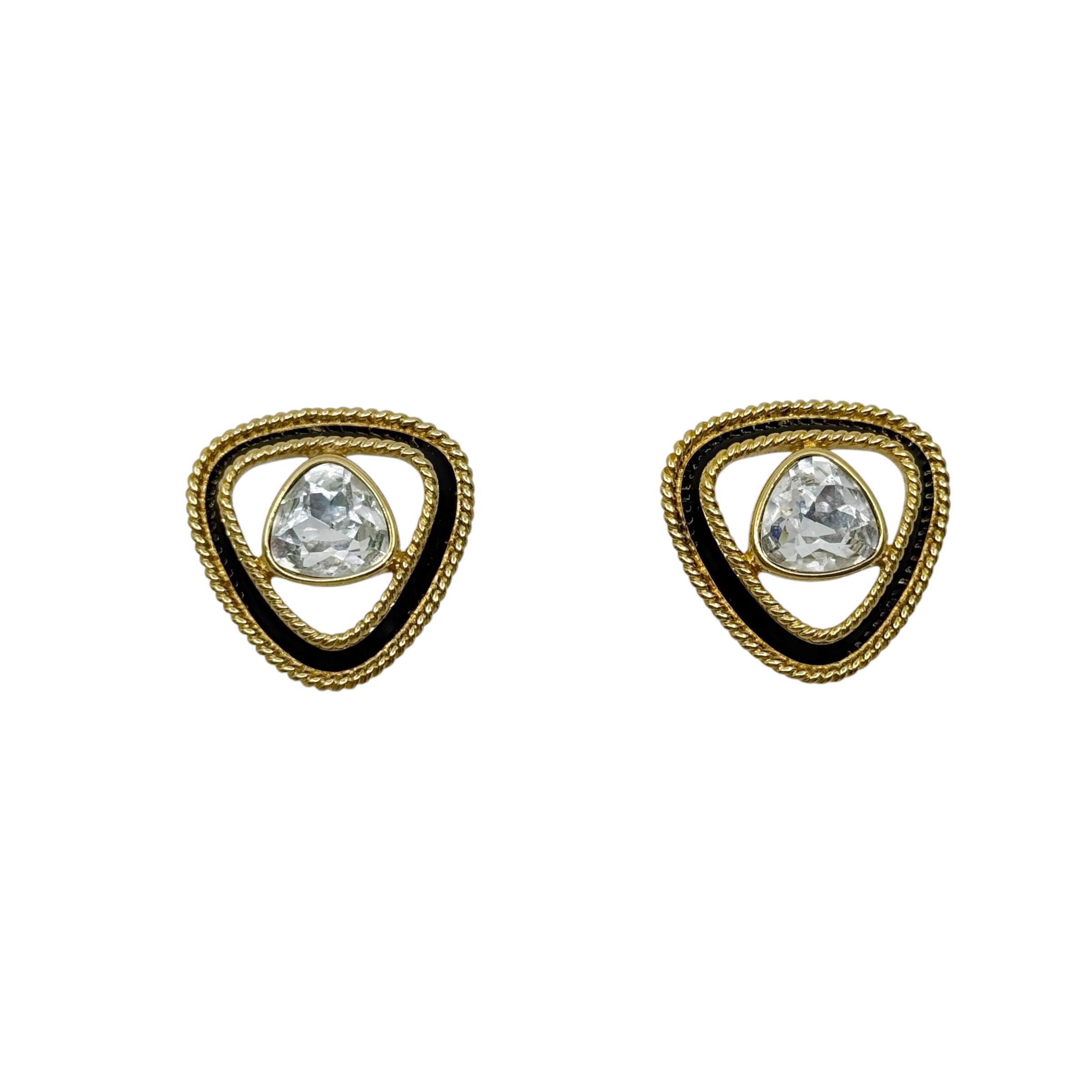 Swarovski crystal Gold tone black enamel triangular earrings - photo 2