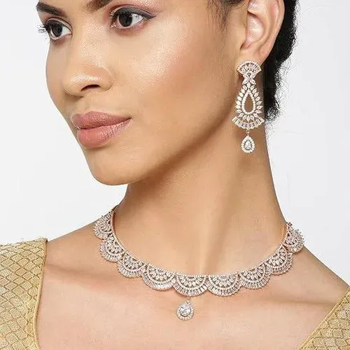 Rose Gold Tone Choker Necklace and Earring Set with White Stones - photo 2