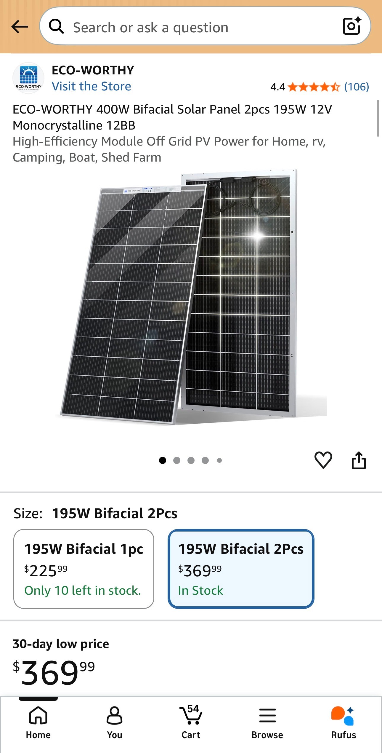 ECO-WORTHY 400W Bifacial Solar Panels 12v Monocrystalline 12BB H