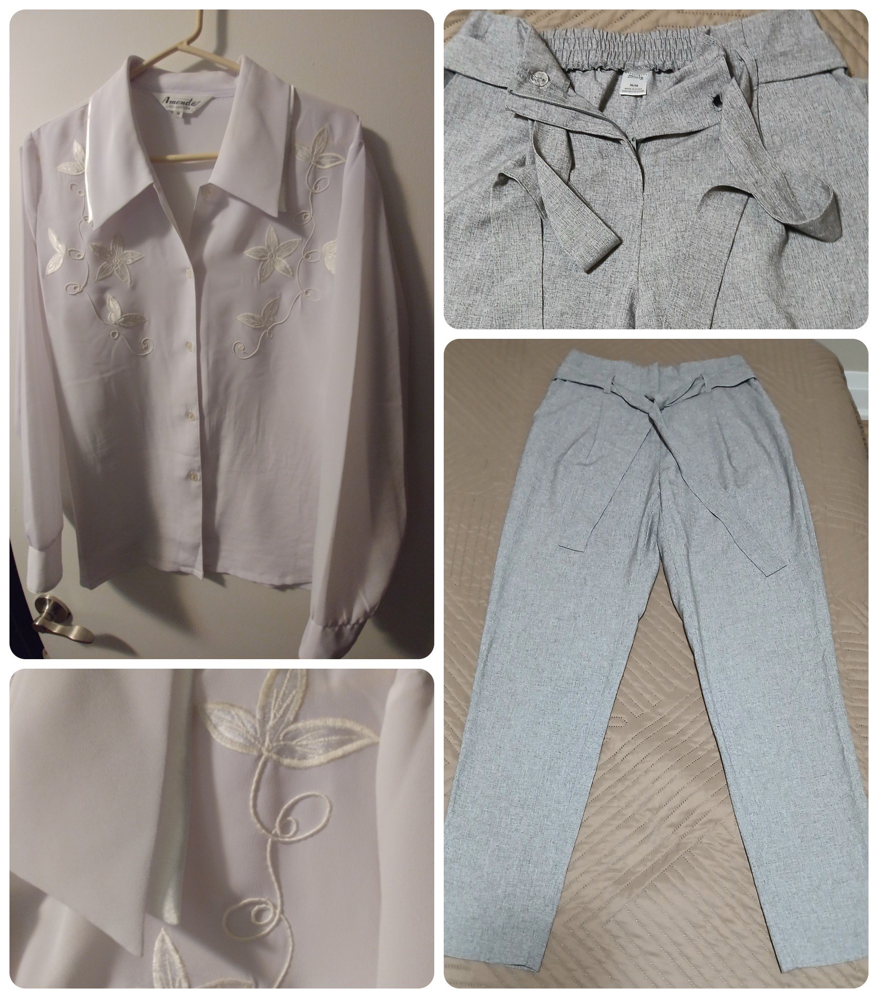 Amanda White Blouse & Streetwear Society Grey Pants, Medium Set