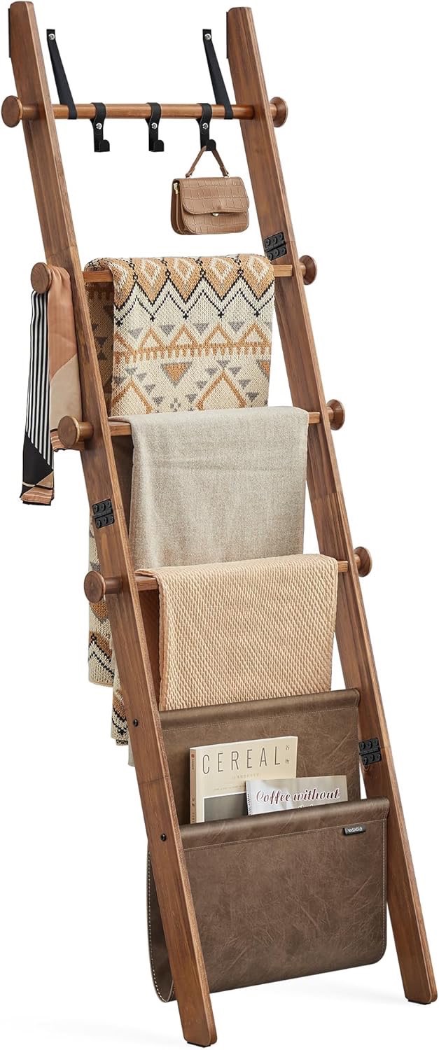 5 Level Wooden Blanket Ladder, Leather Basket