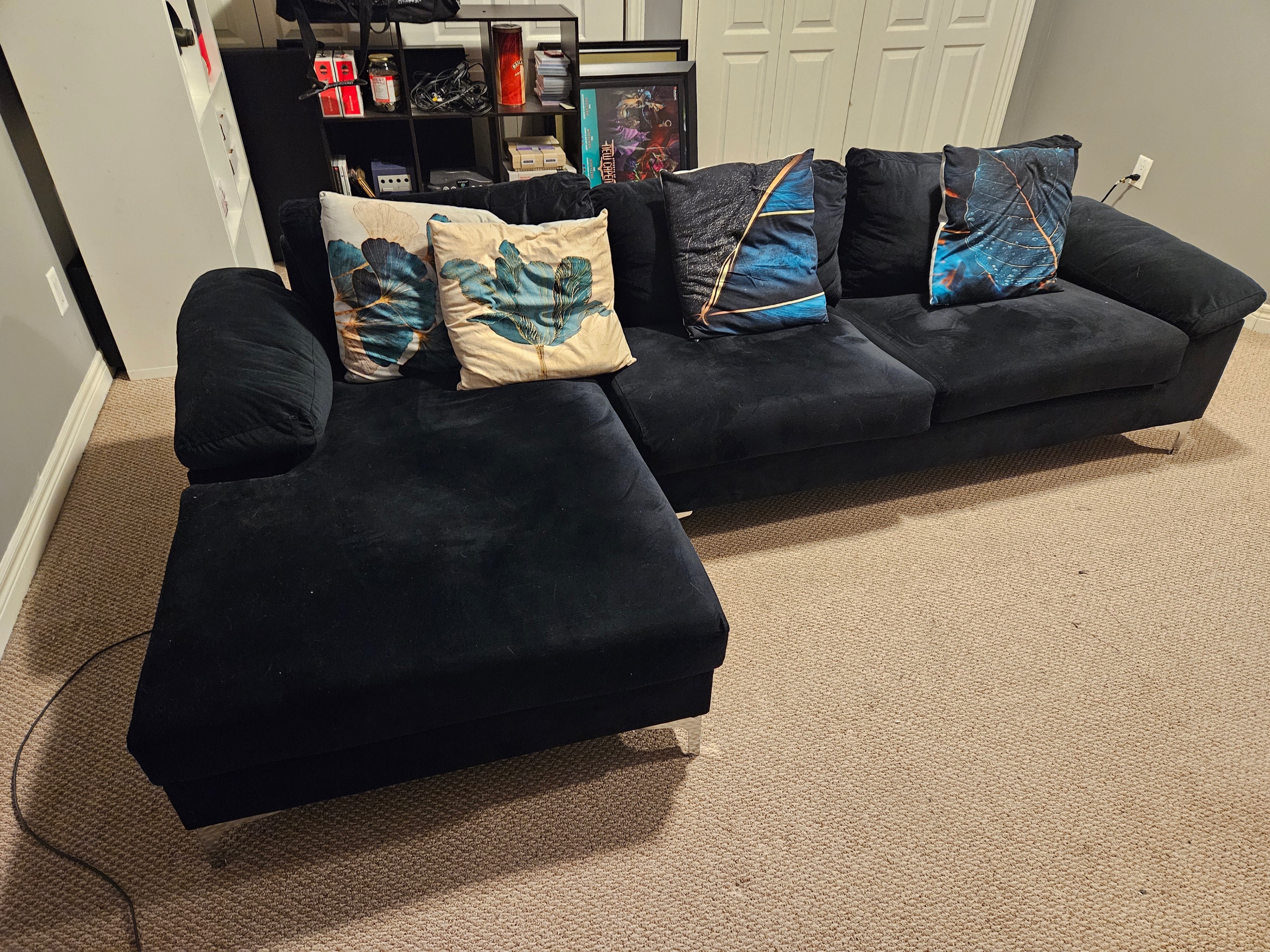 Black Velvet Sectional Sofa with Chaise - photo 2