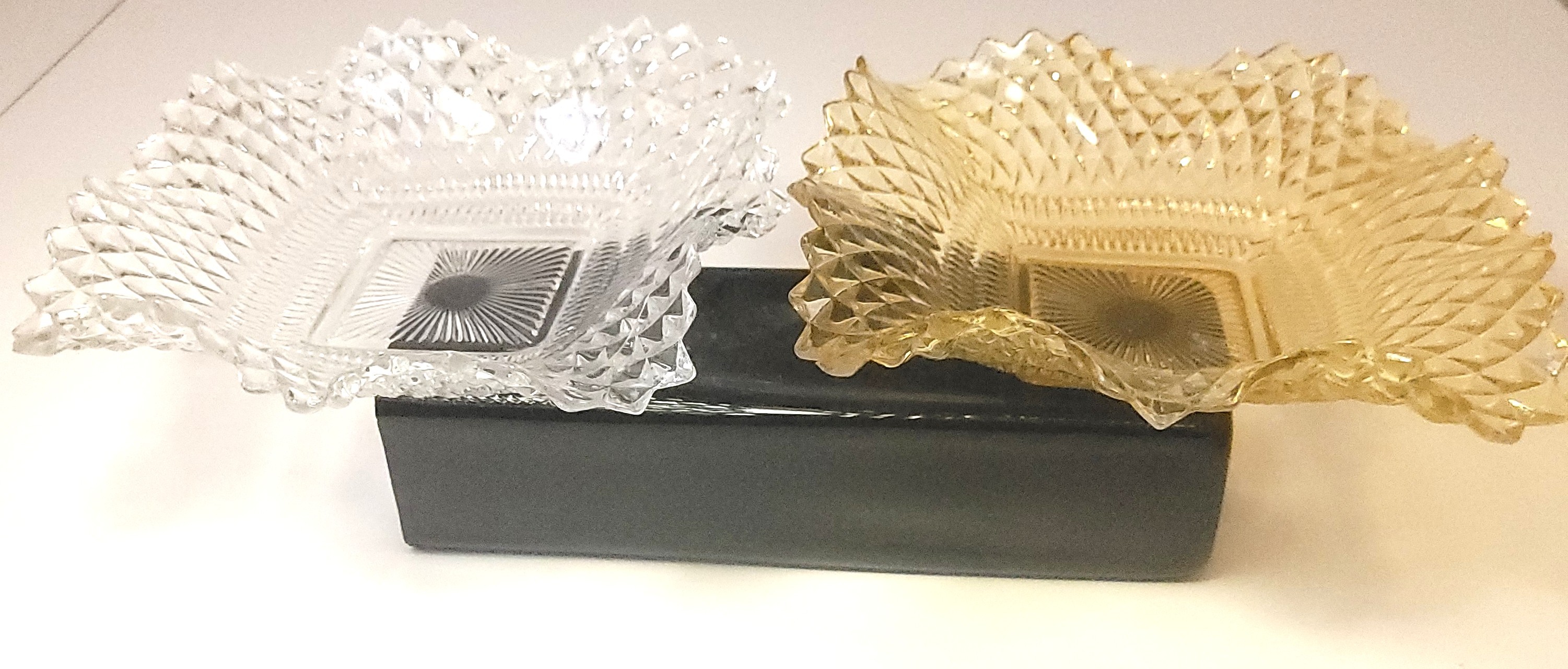 1965 Indiana Glass Diamond Point Ruffled Edge Pair Amber Clear