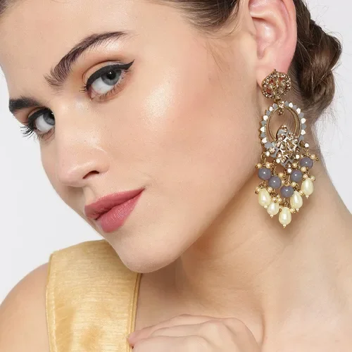 Chandelier Earrings - Grey Pearl & Gold Tone - photo 2