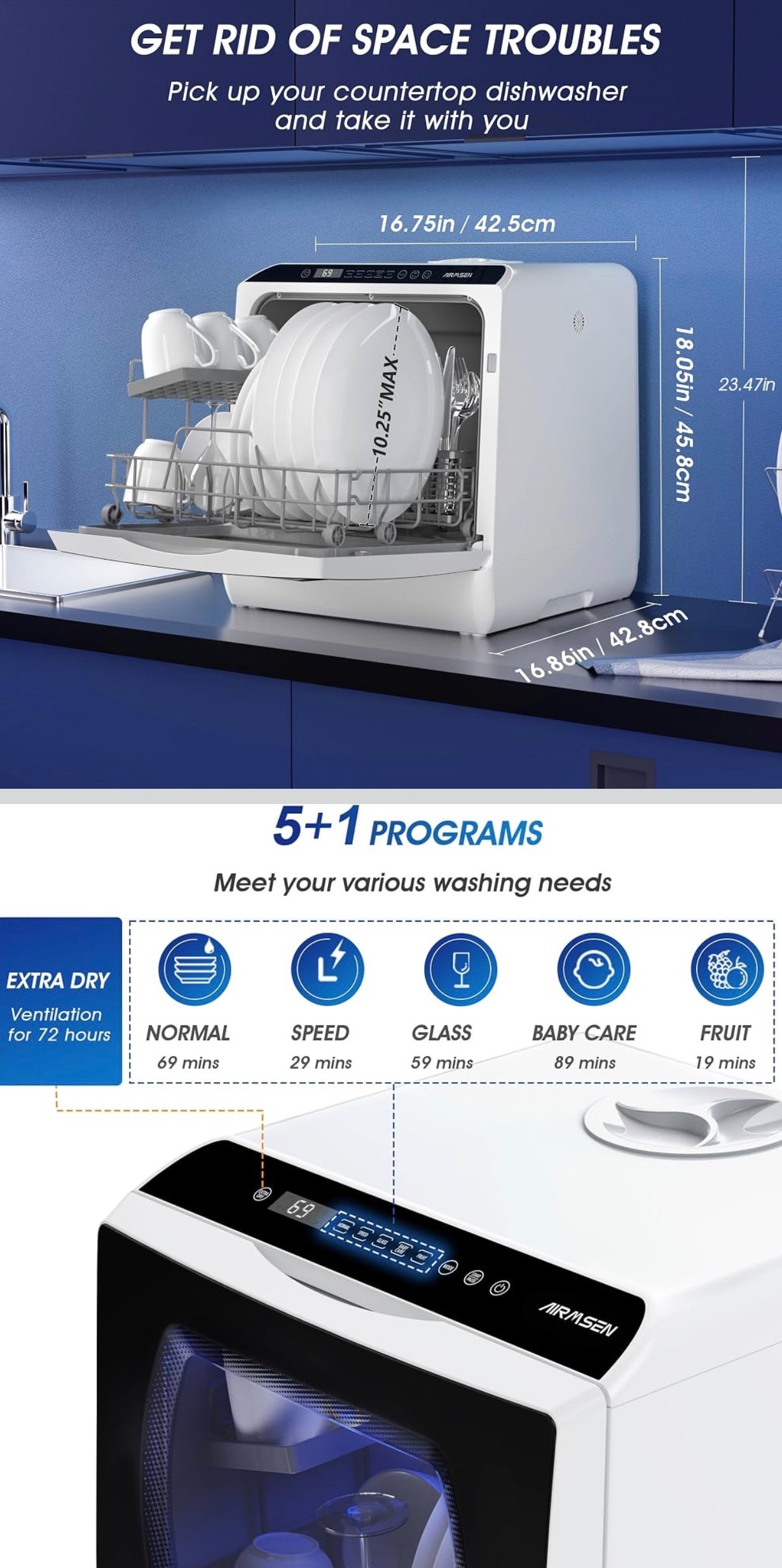 AIRMSEN Portable Countertop Dishwasher 6 Programs 75% Water Savi - photo 2