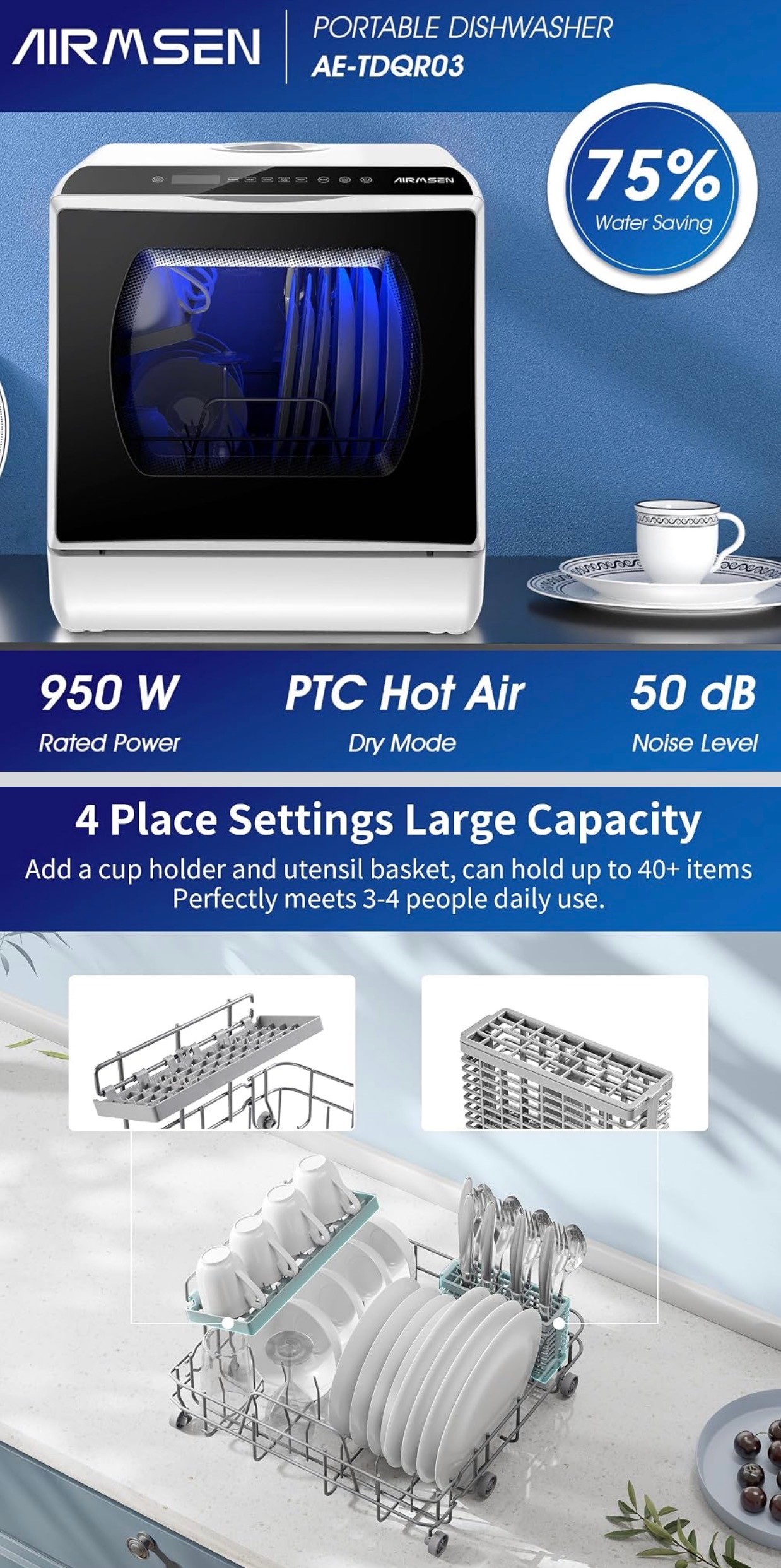 AIRMSEN Portable Countertop Dishwasher 6 Programs 75% Water Savi - photo 5