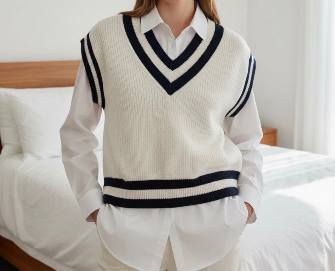 Dotti White & Navy Striped V-Neck Sweater Vest - Size S - photo 3