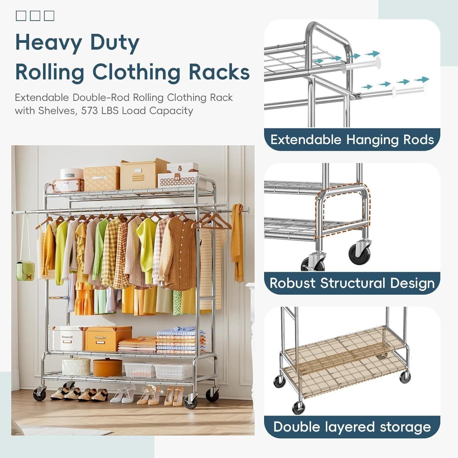 Jnanrun Heavy Duty Rolling Clothing Rack with Shelves - photo 2