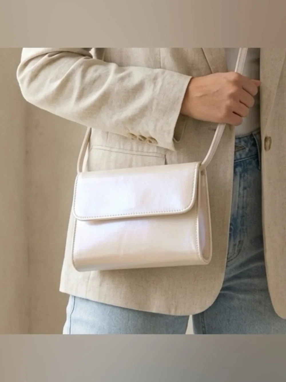 Vintage 90s Pearl Colored Crossbody Purse with Snap Flap Closure