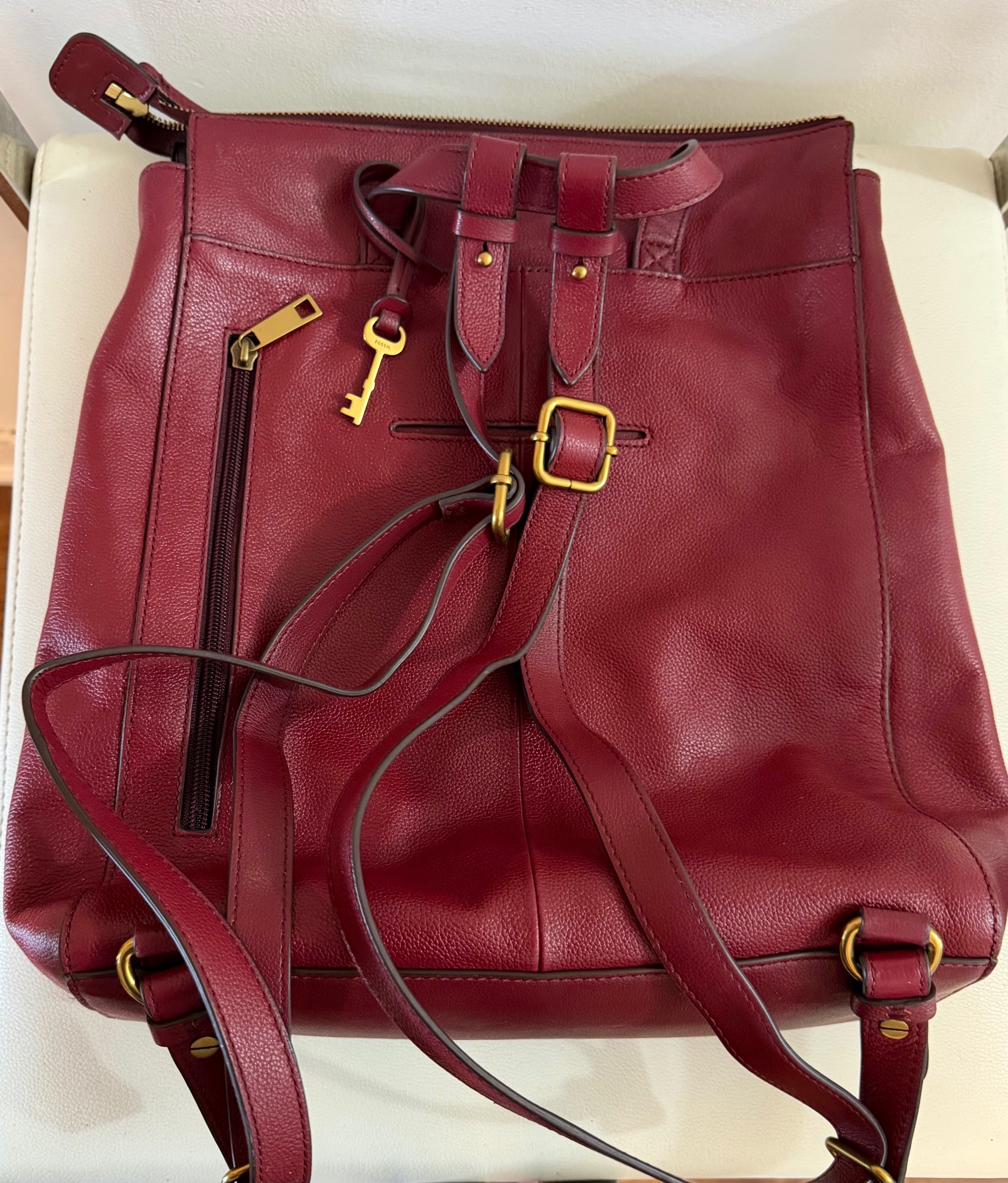 FOSSIL Red Leather Backpack, Like New