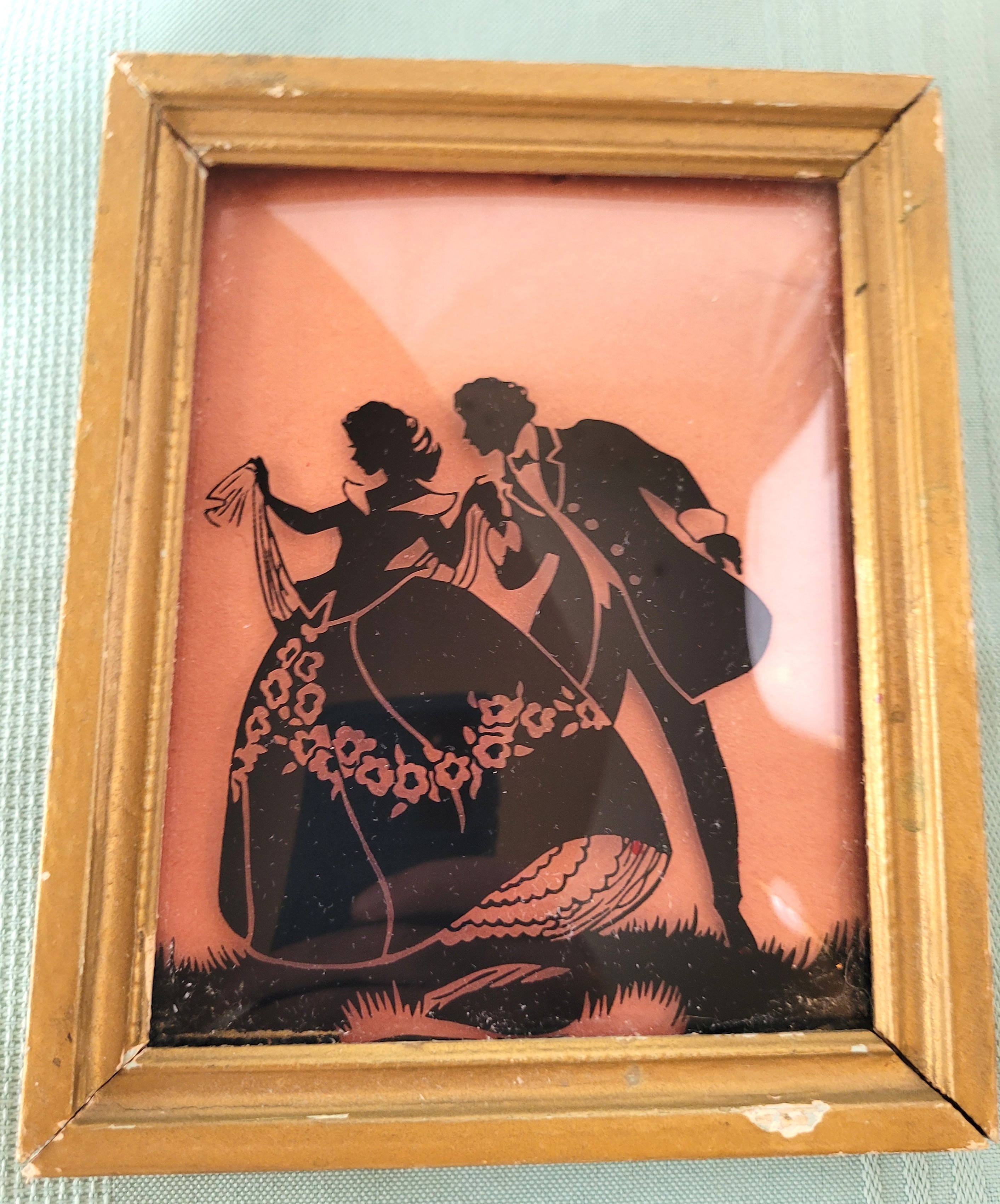1930s Silhouette Reverse Glass Painting Pair Gold Framed - photo 3