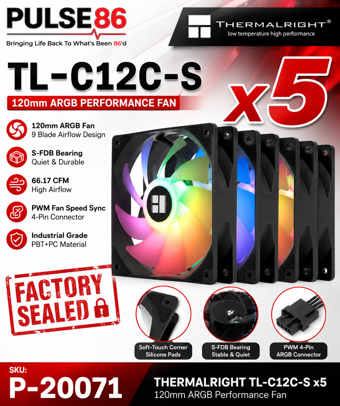 Thermalright TL-C12C-S x5 120mm ARGB PWM Case Fan Kit NEW Sealed