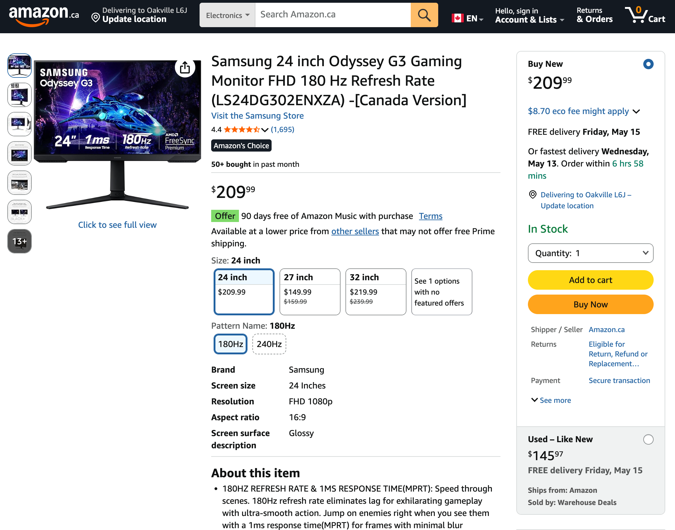 Like New Samsung 24” Odyssey G3 Gaming Monitor FHD 180Hz - photo 4