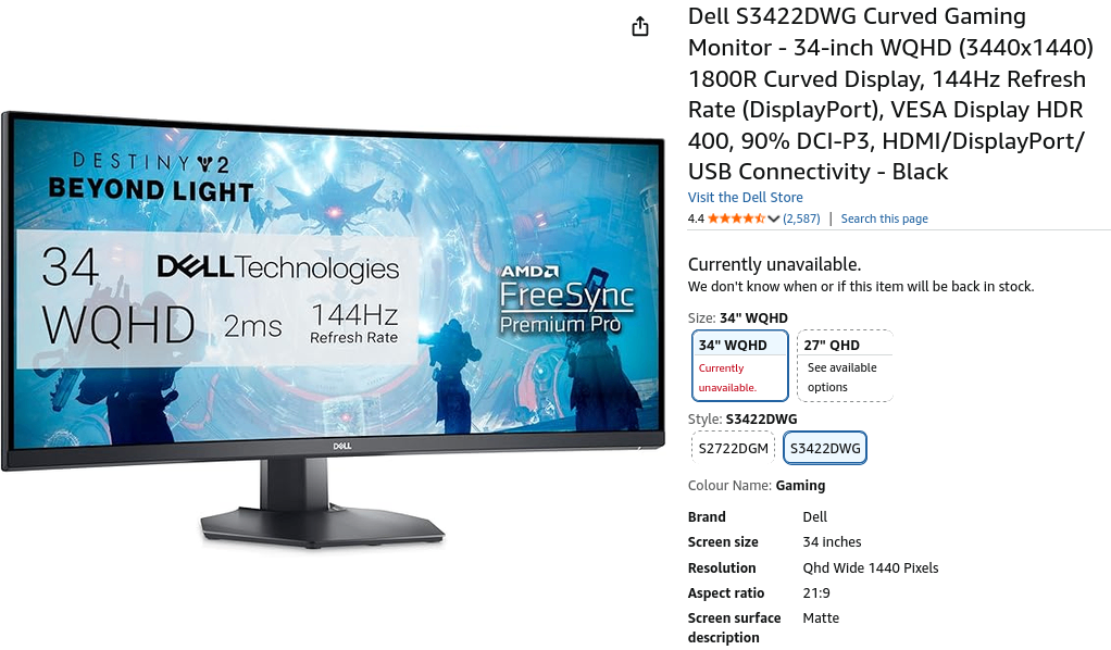 Dell S3422DWG 34" 144Hz Curved Monitor