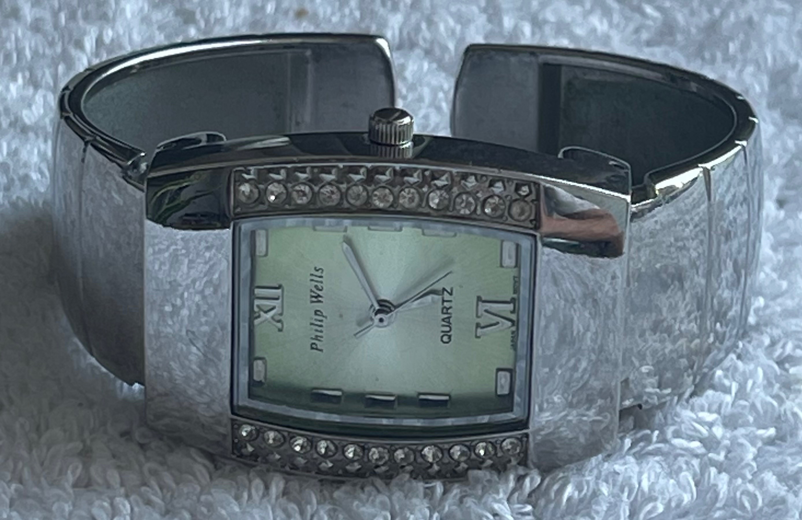 Vintage Philip Wells Green Dial Rhinestone Watch (Needs Battery)