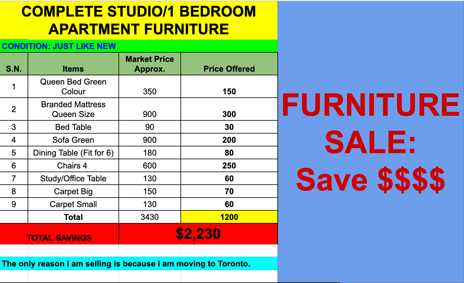 COMPLETE STUDIO/1 BEDROOM FURNITURE