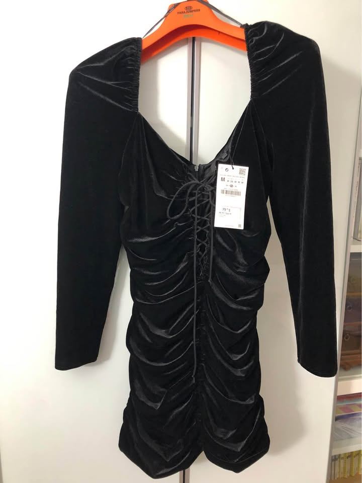 NWT ZARA Black Velvet Ruched Lace-Up Mini Dress (Size M)