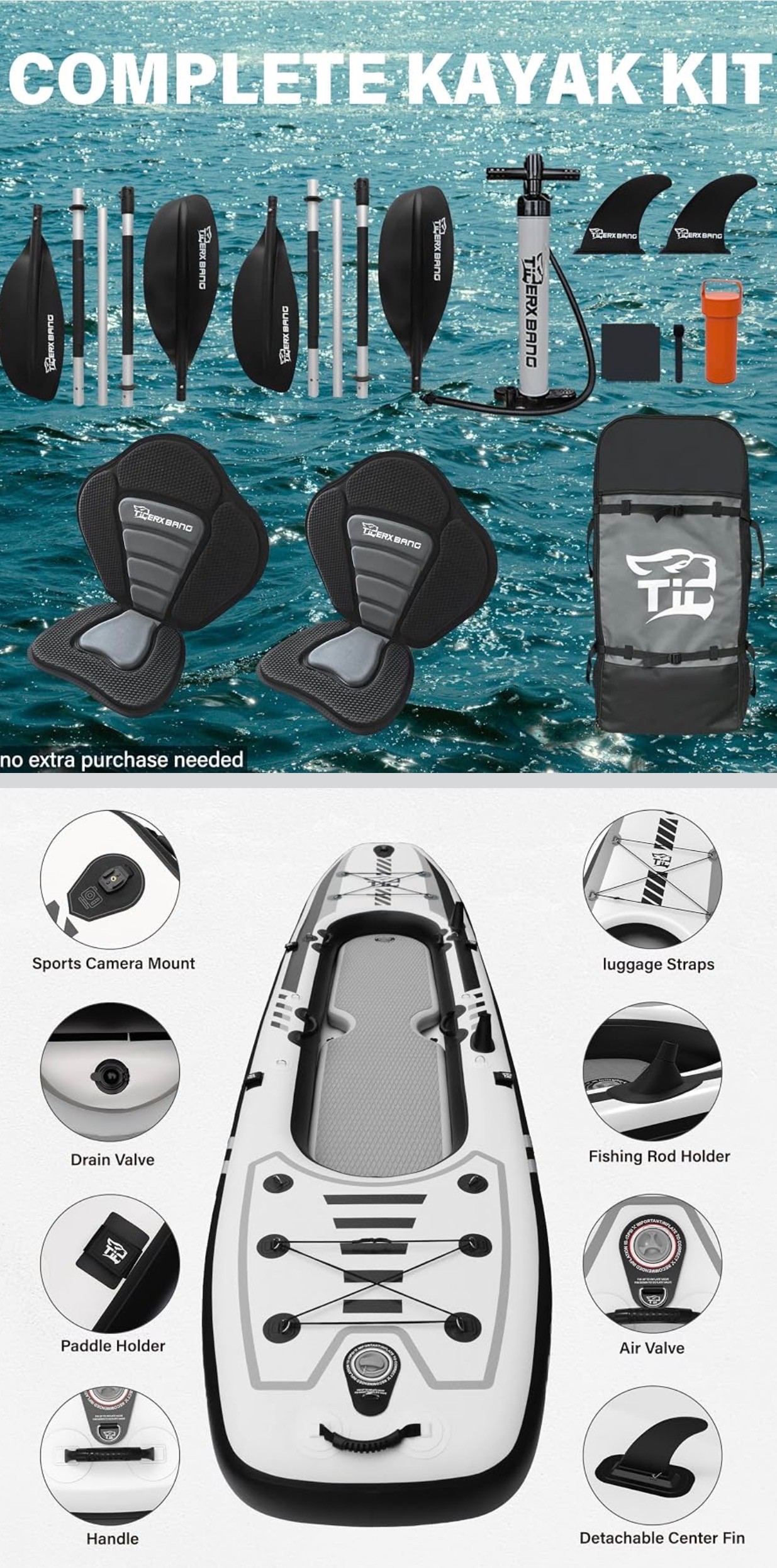 NEW: Inflatable Tandem Kayak 12'8" 2 Seats Adjustable Paddle - photo 4