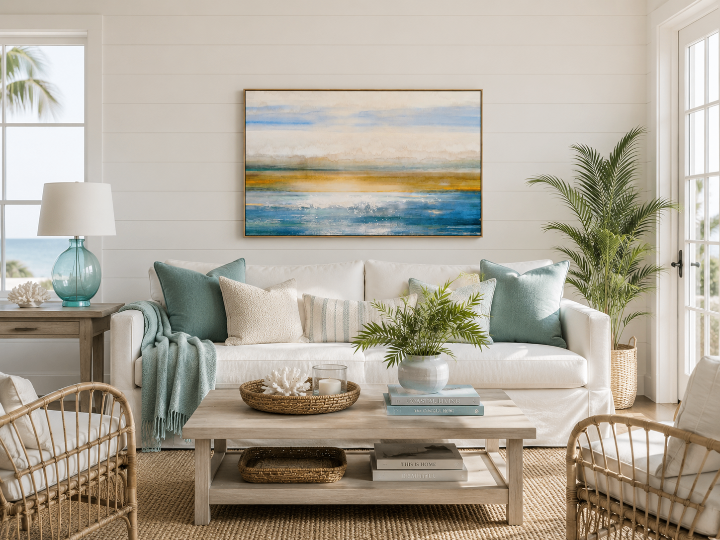 Large Framed Abstract Seascape Painting (37"W x 25"H) - photo 2