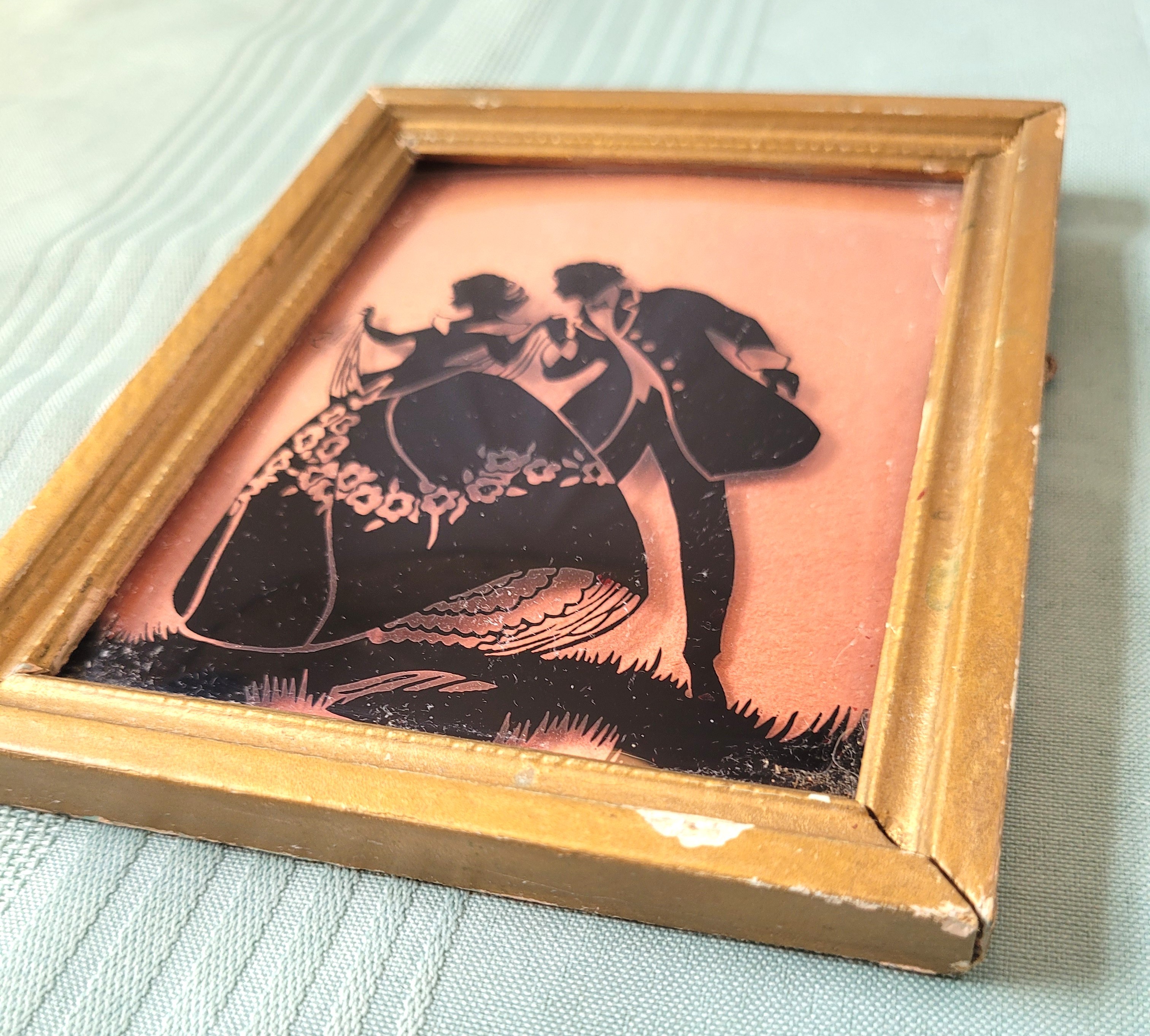 1930s Silhouette Reverse Glass Painting Pair Gold Framed - photo 5
