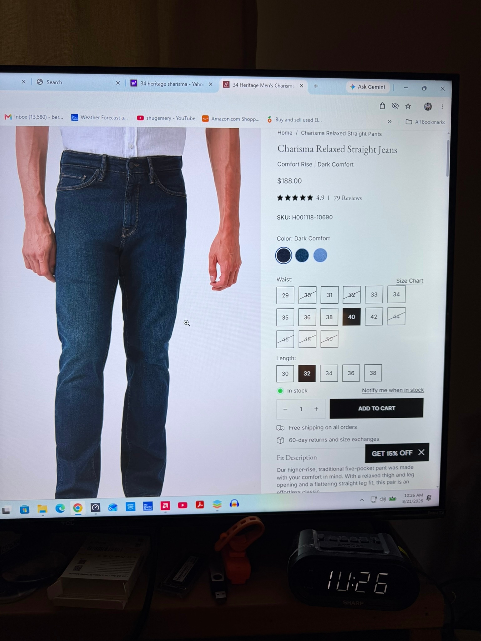 34 Heritage "Charisma" Comfort-Rise Classic Jeans Men's 40W 32L - photo 3