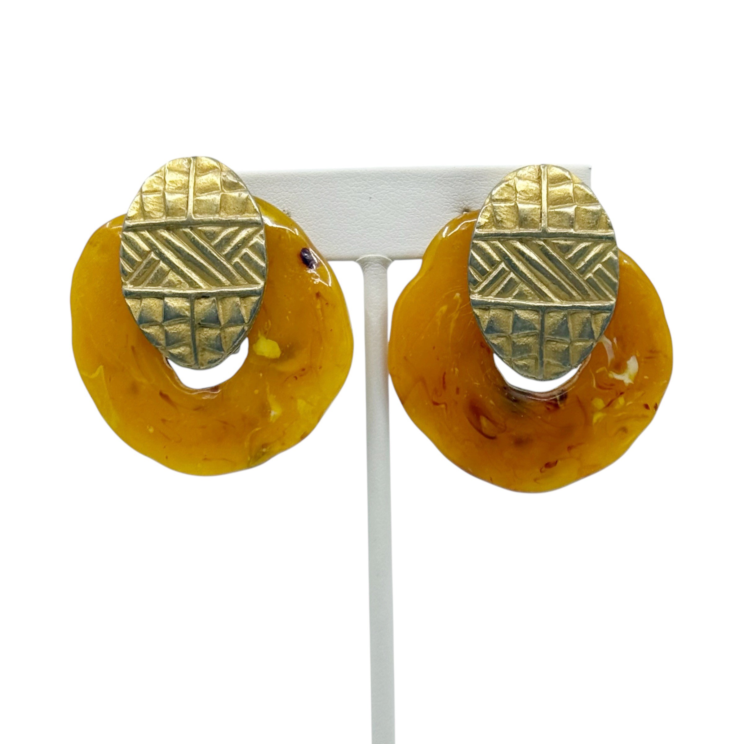 Vintage Gold tone Amber lucite clip on earrings - GM3024 - photo 3