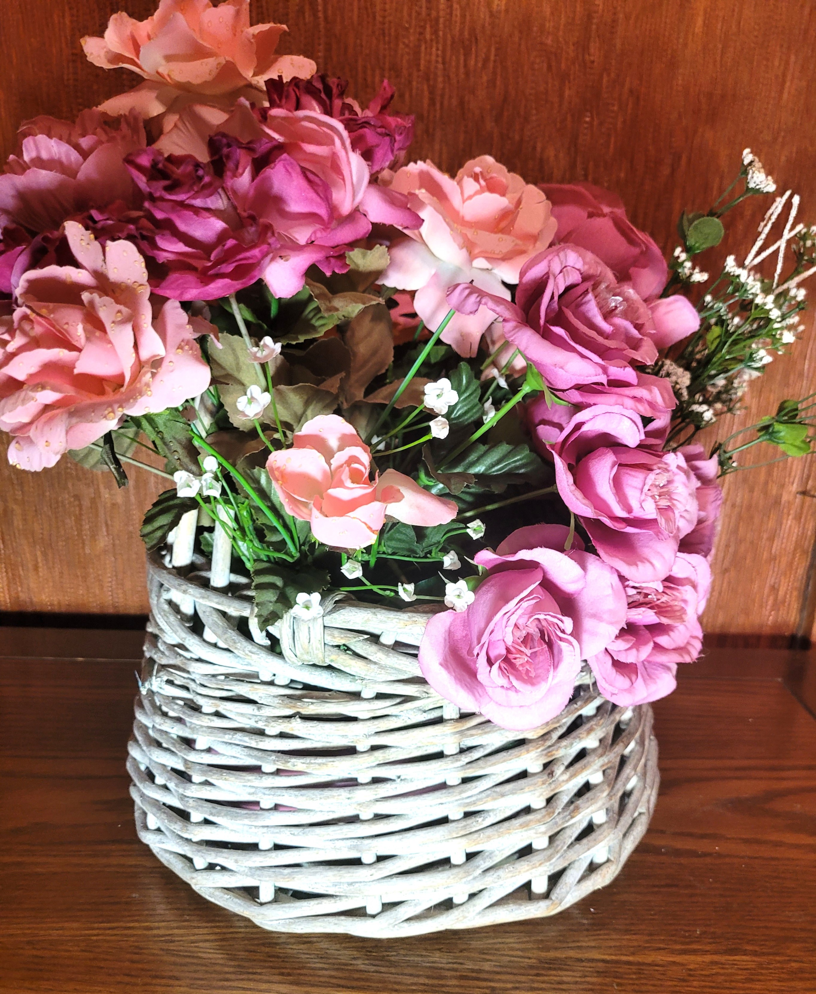 1990s Floral Basket Arrangement Pink Silk Roses Peonies Rustic - photo 2