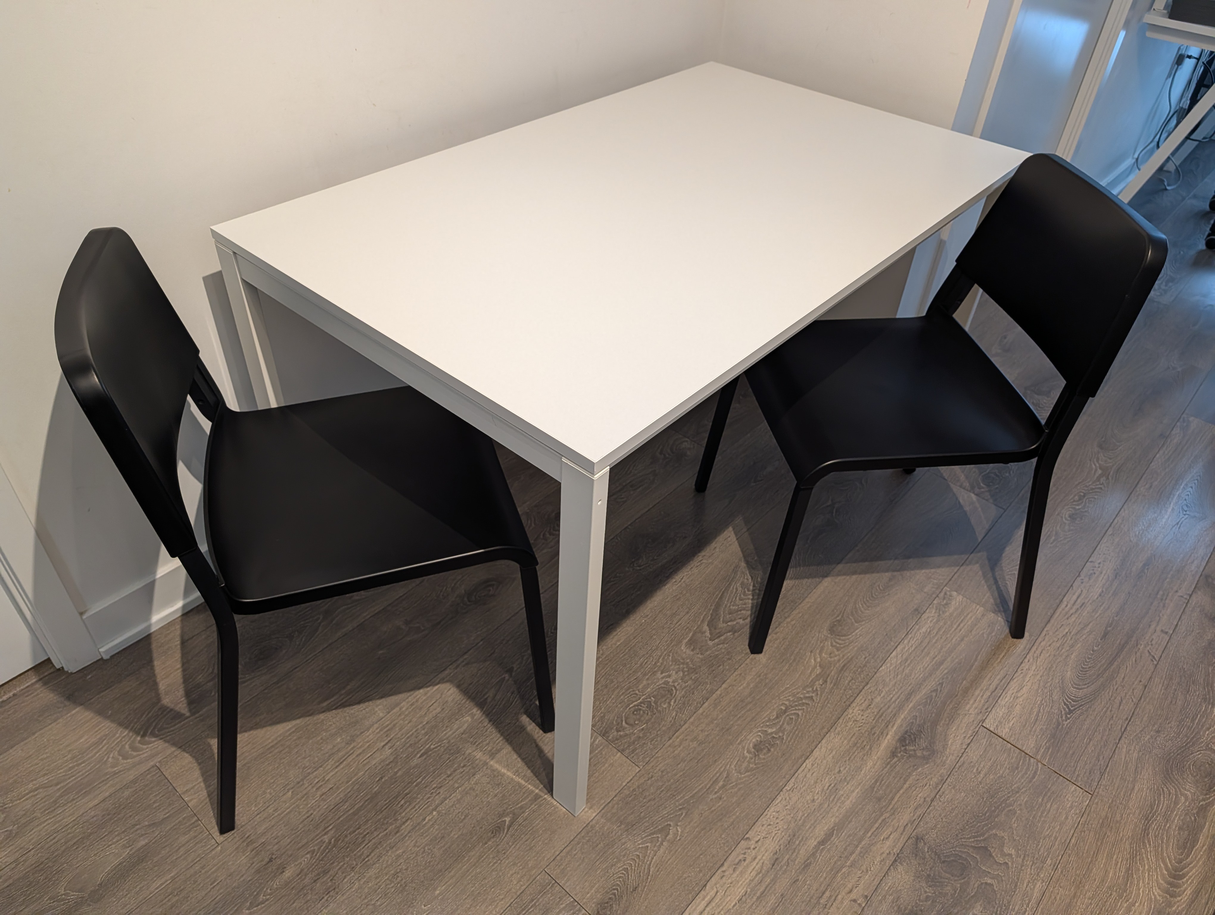 White Desk / Dining Table + 2 Modern Black Chairs Set