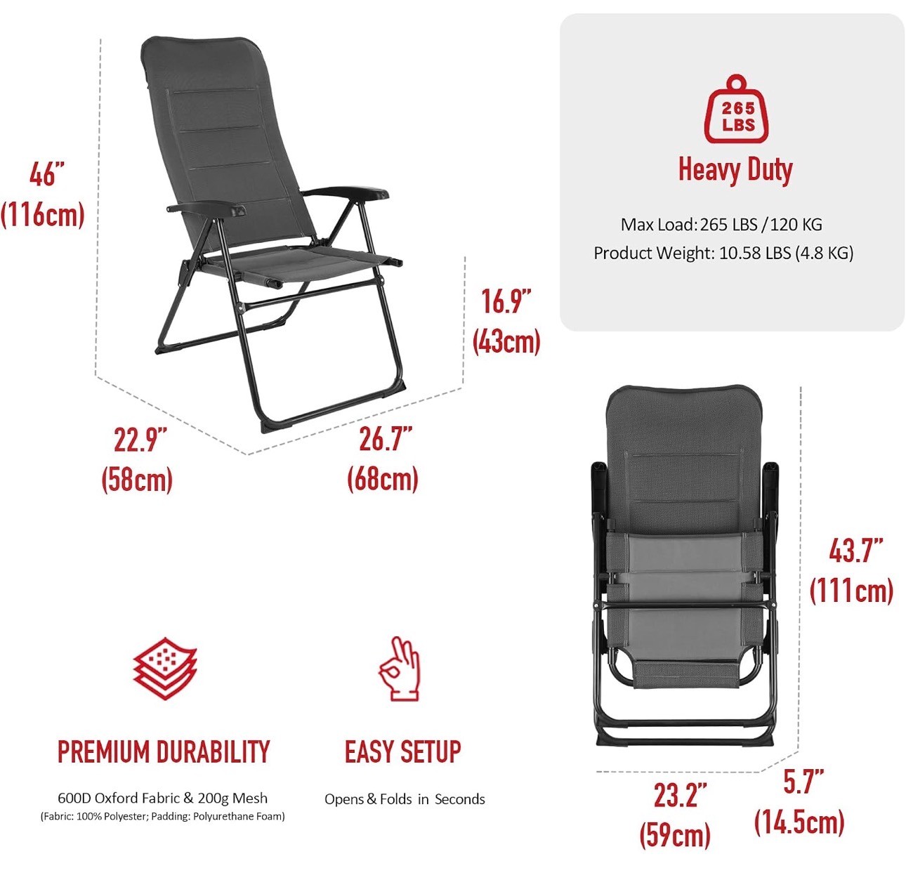 Reclining Folding Patio Chair 4 Position Adjustable Padded Cushi - photo 3