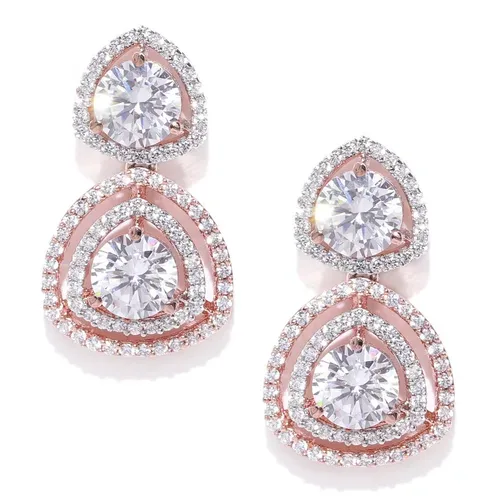Rose Gold Tone Drop Earrings with White Crystals - photo 2