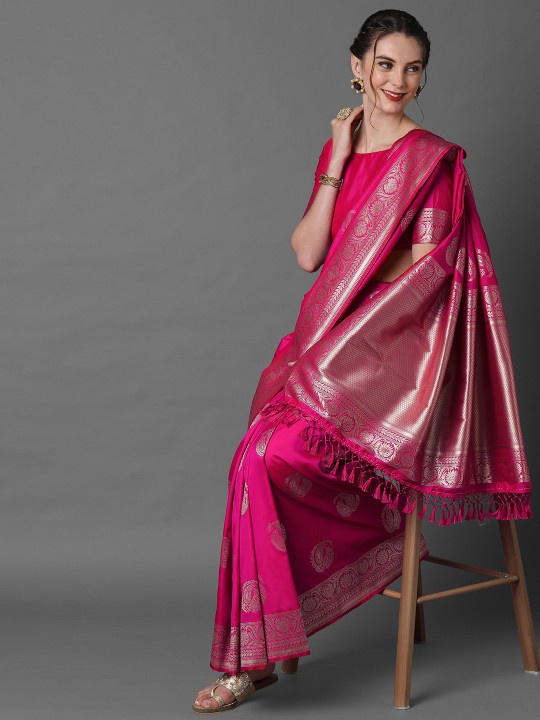 Hot Pink Silk Saree with Silver Border - photo 2
