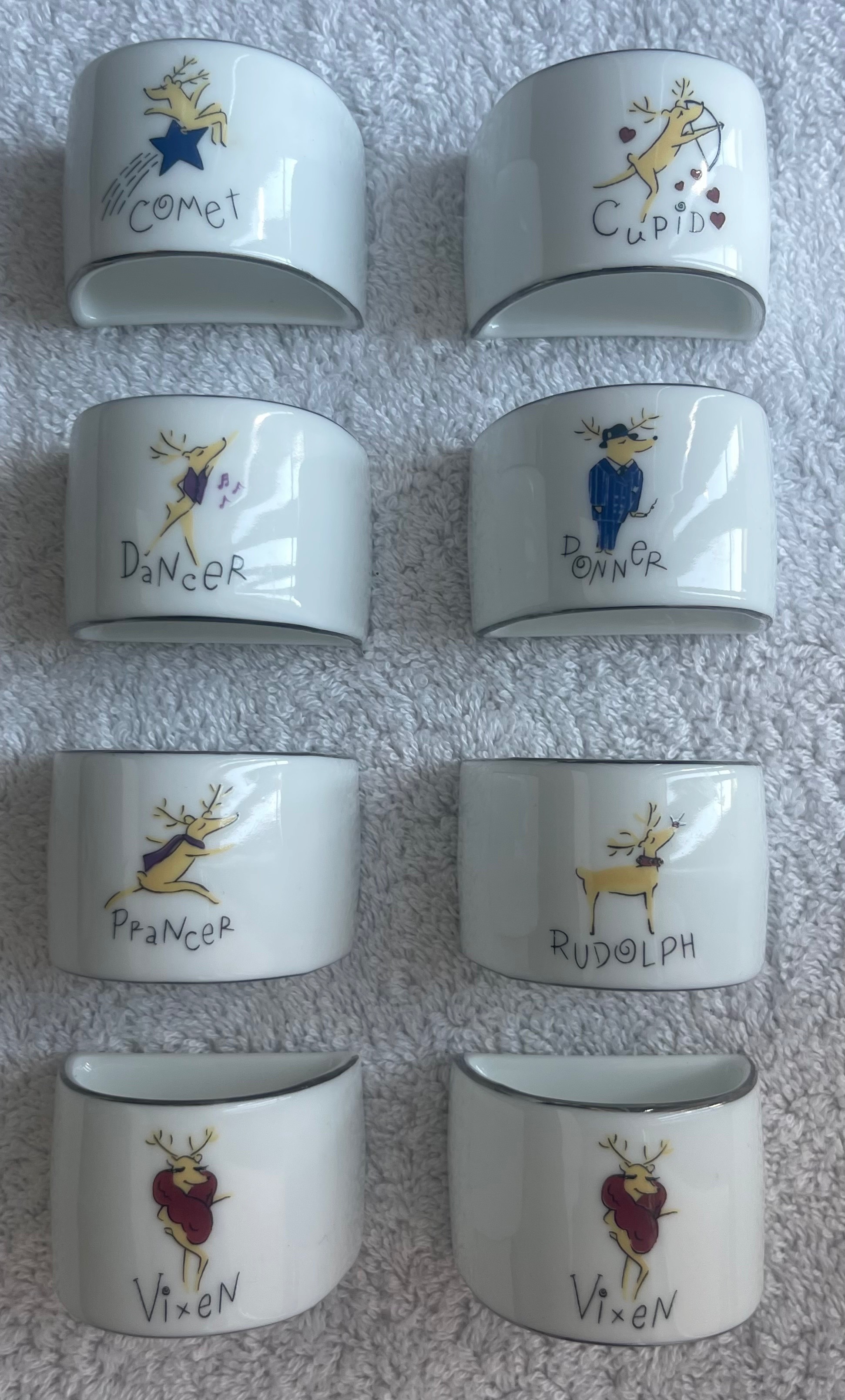 Set of 8 Pottery Barn Porcelain Reindeer Napkin Rings Japan