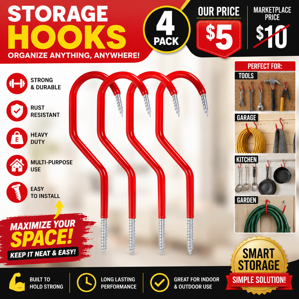 **Heavy Duty Storage Hooks 4-Pack | Tools, Coats & More |