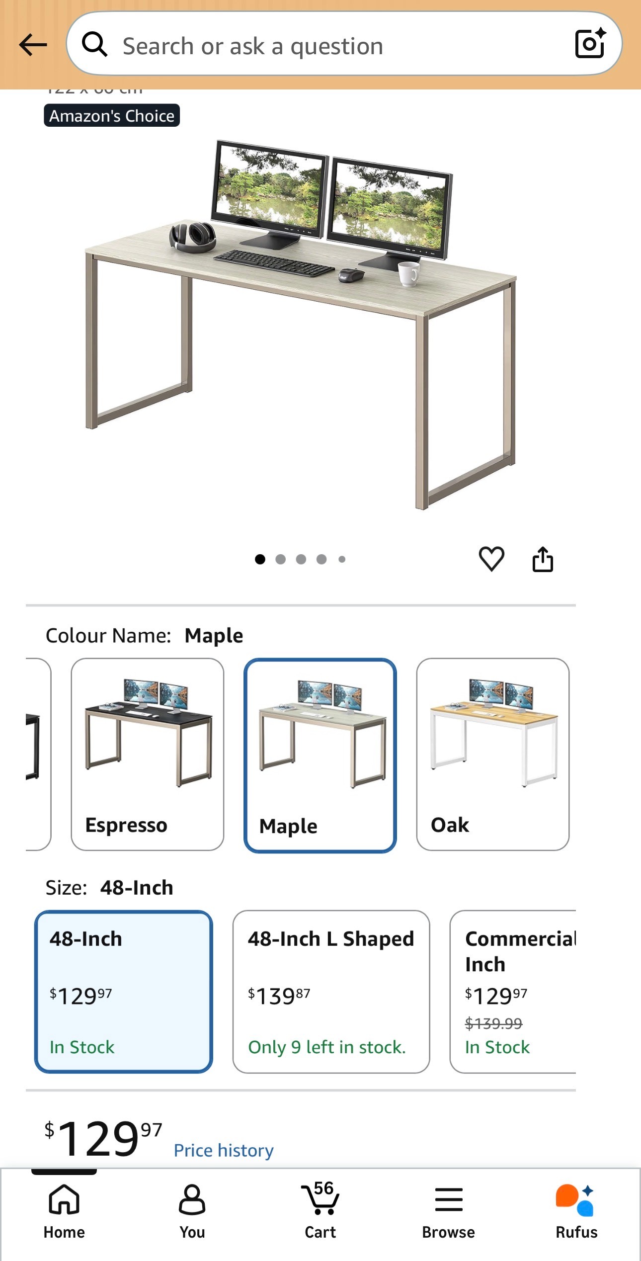 SHW Mission-Style 48" Minimalist Home Office Computer Desk Maple