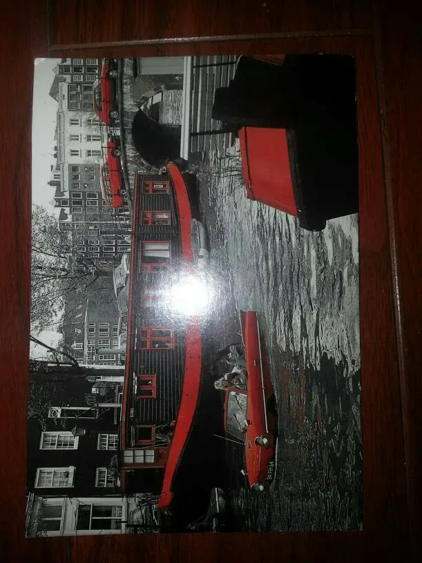 Car In Amsterdam Canal Black & White W/ Red Art Postcard (New) - photo 2