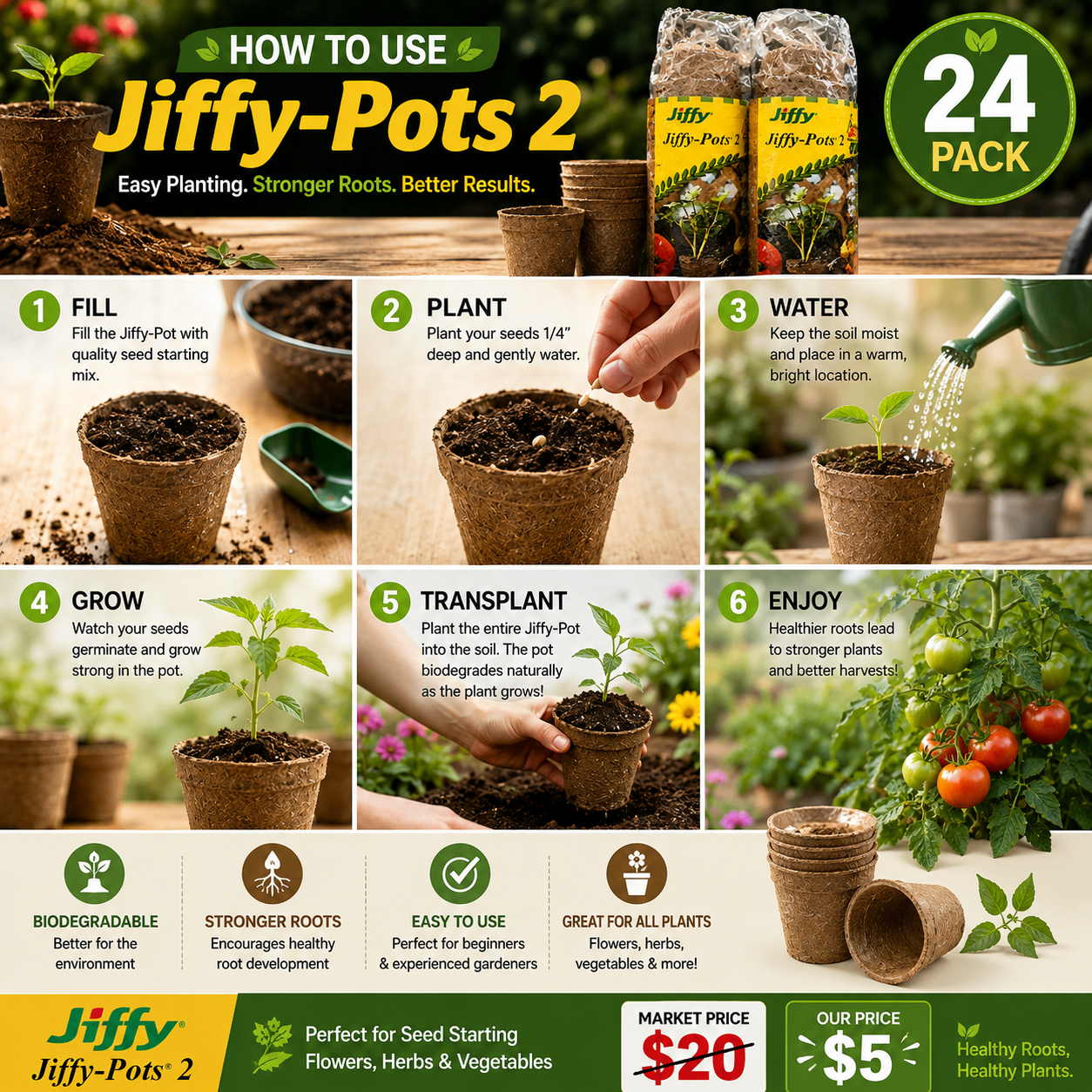 Jiffy-Pots 2 Biodegradable Seed Starting Pots | 24 Pack | - photo 2