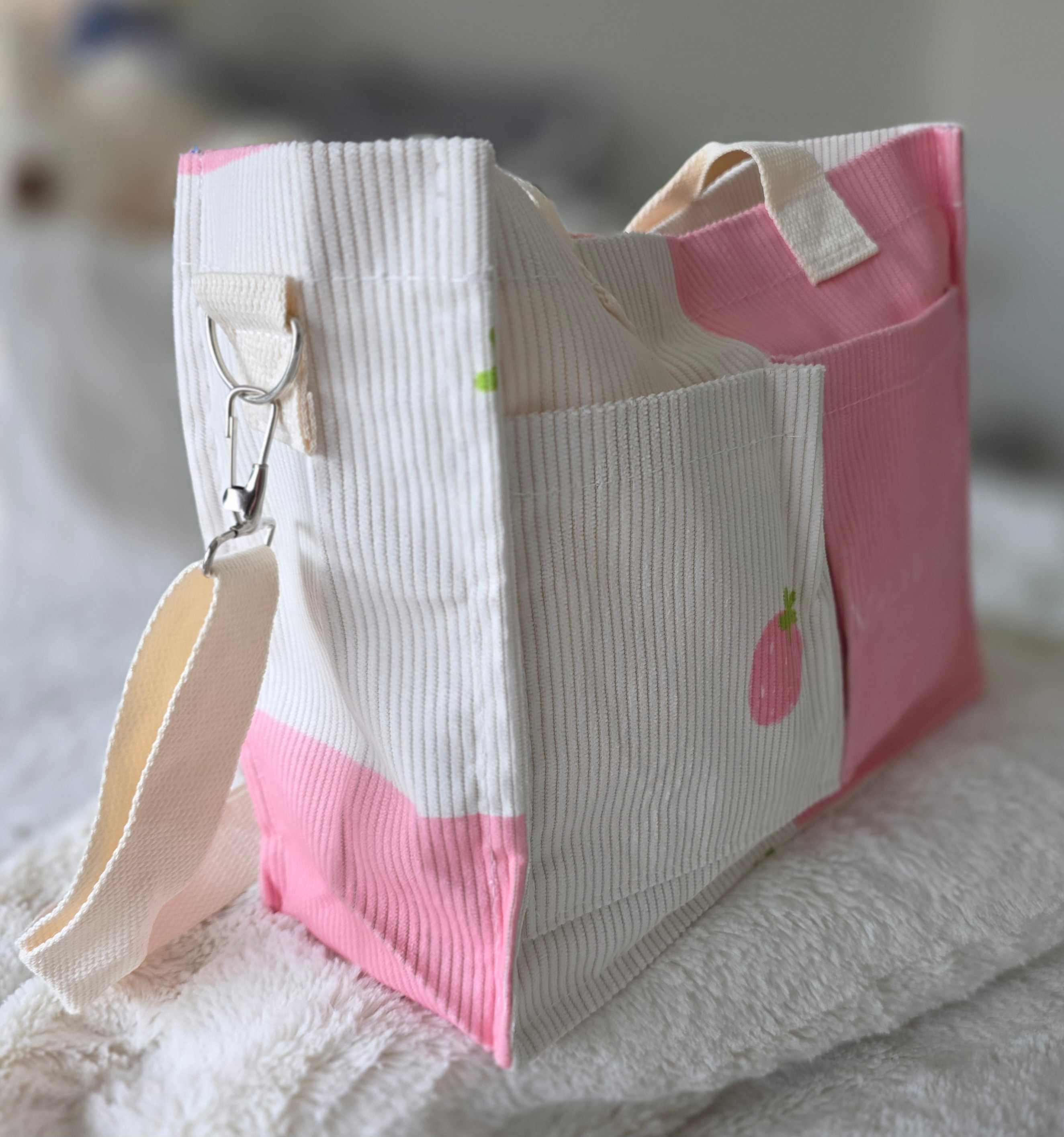 Women's Medium "Strawberry"-2D Printed-Corduroy Tote Bag-NEW